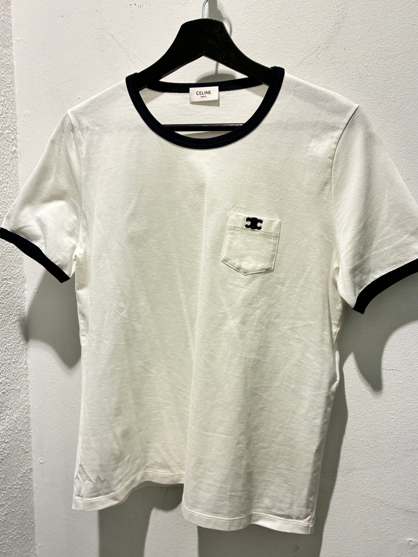 Celine Logo Tee - White & Navy - Size S/M