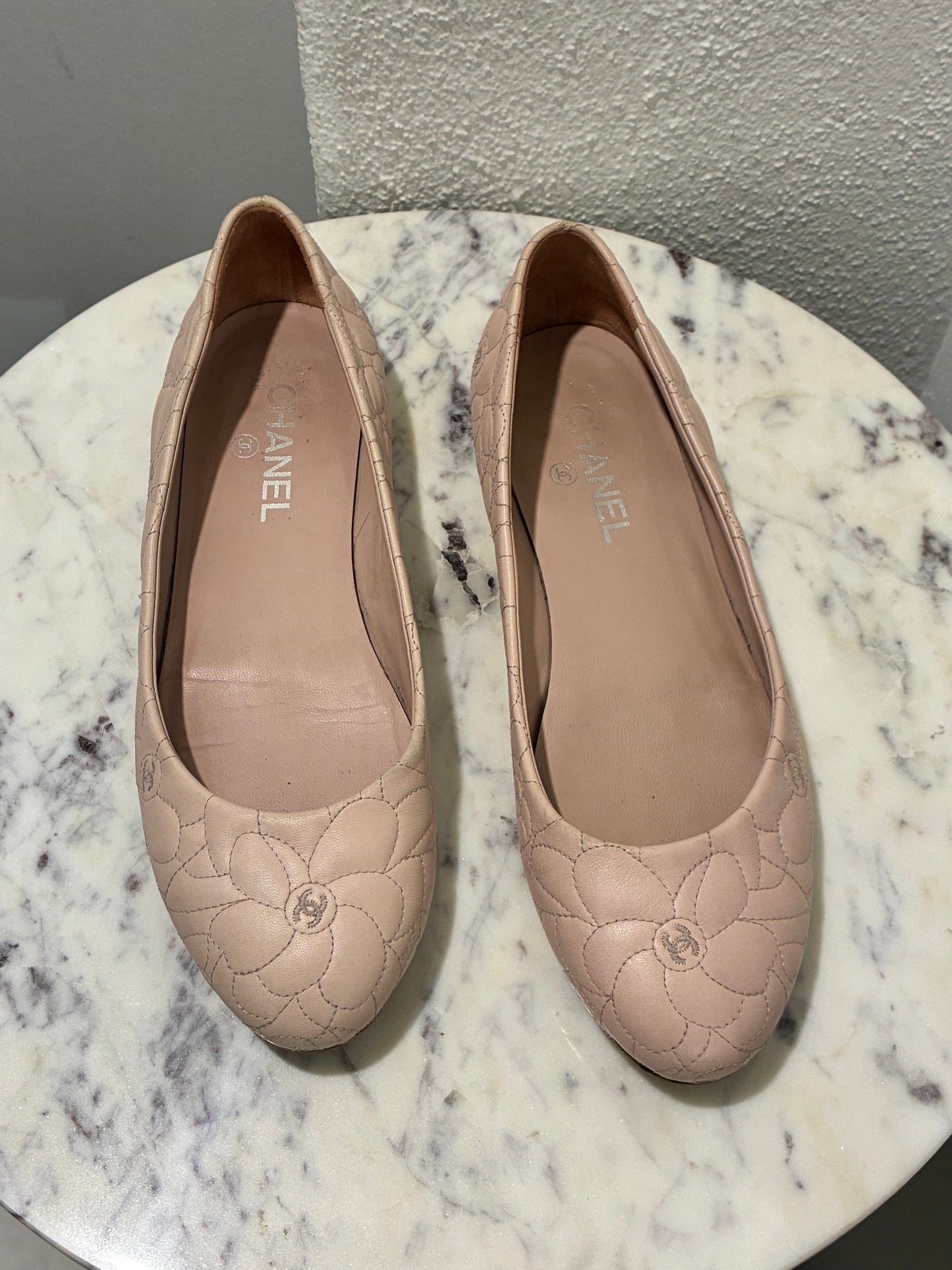 Chanel Ballerina Flats – Blush Leather with Camelia Print & Logos – EU 40.5