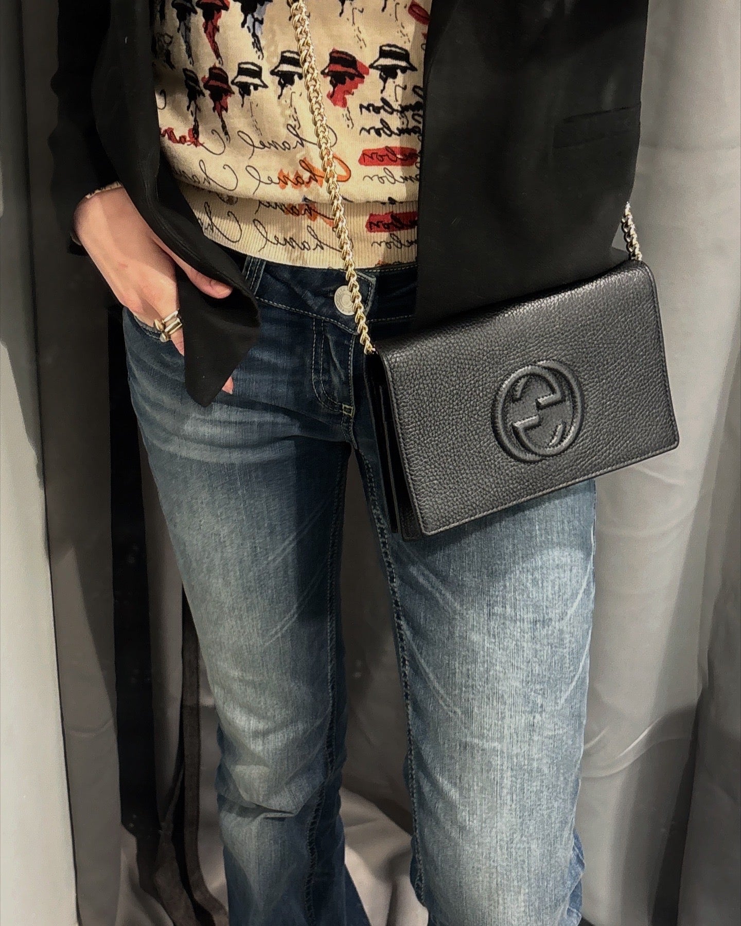 Gucci Wallet On Chain - Black Grained Leatheri, Embossed Logo & Gold Hardware