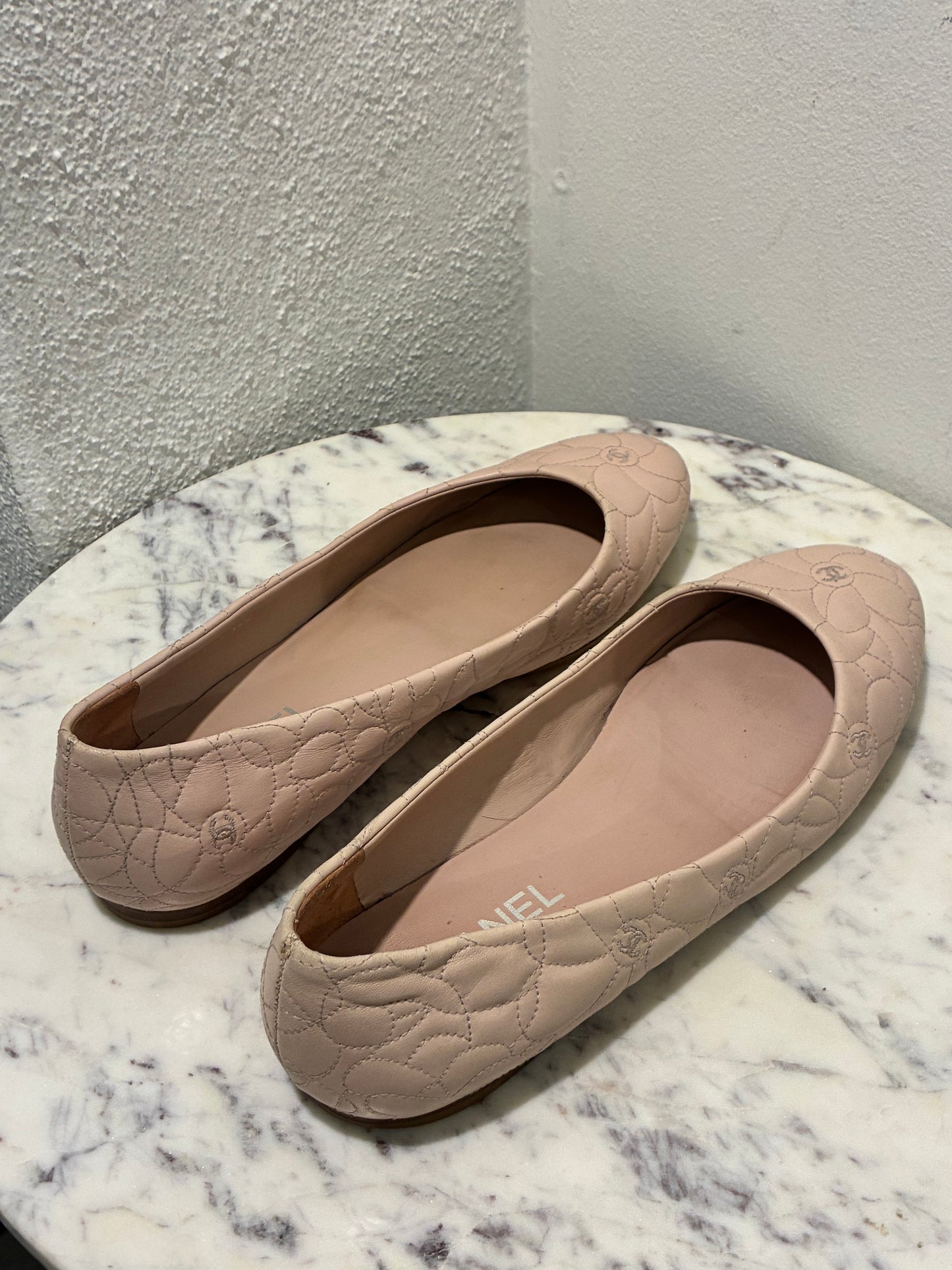 Chanel Ballerina Flats – Blush Leather with Camelia Print & Logos – EU 40.5
