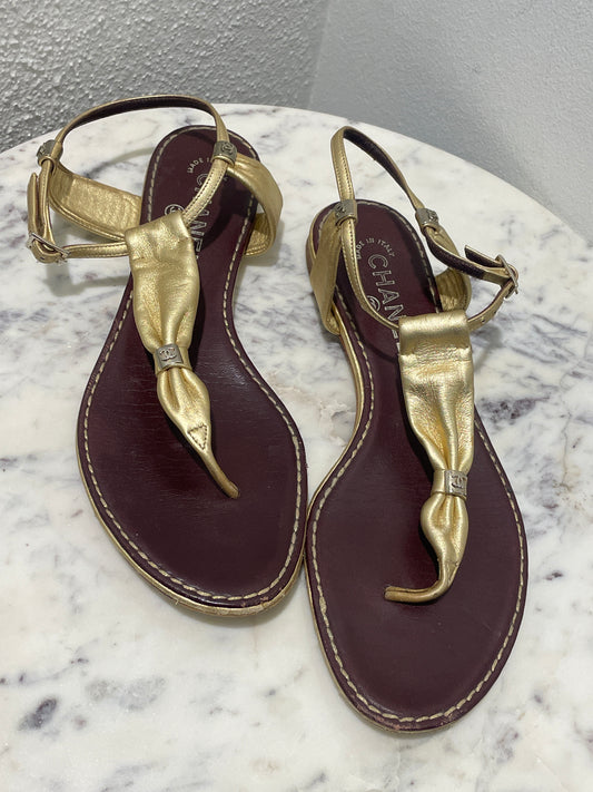Chanel Metallic Gold Leather CC Sandals – 38