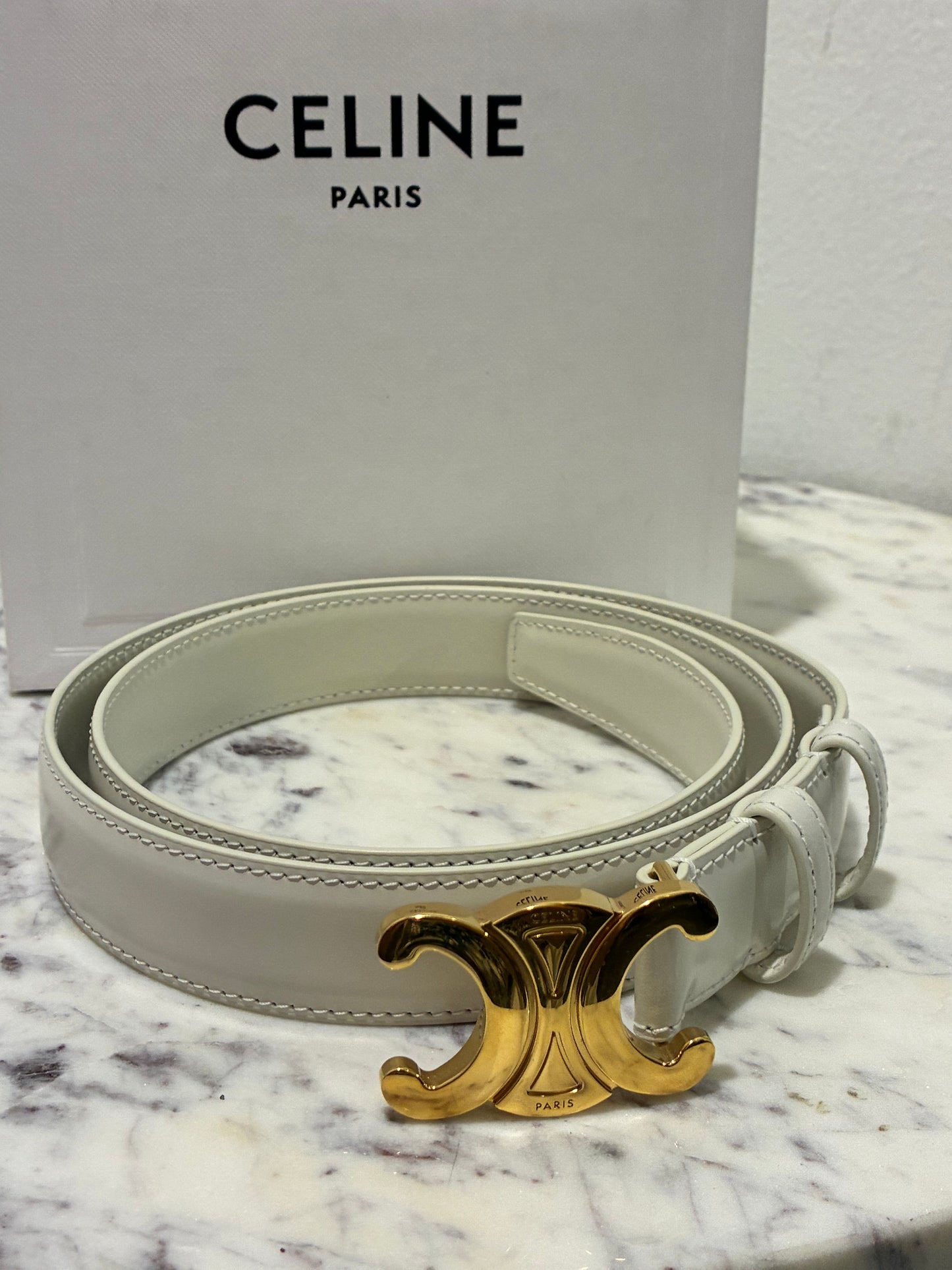 Celine Belt – Triomphe Belt in Cream Leather & Gold Hardware Size 85