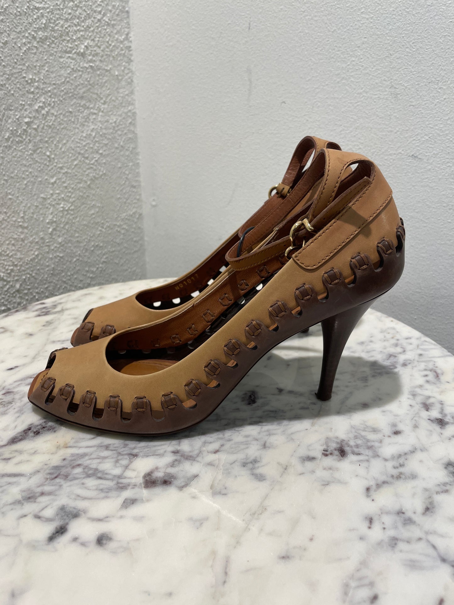 Louis Vuitton Tan Suede & Brown Leather Woven Detail Peep-Toe Heels - 38