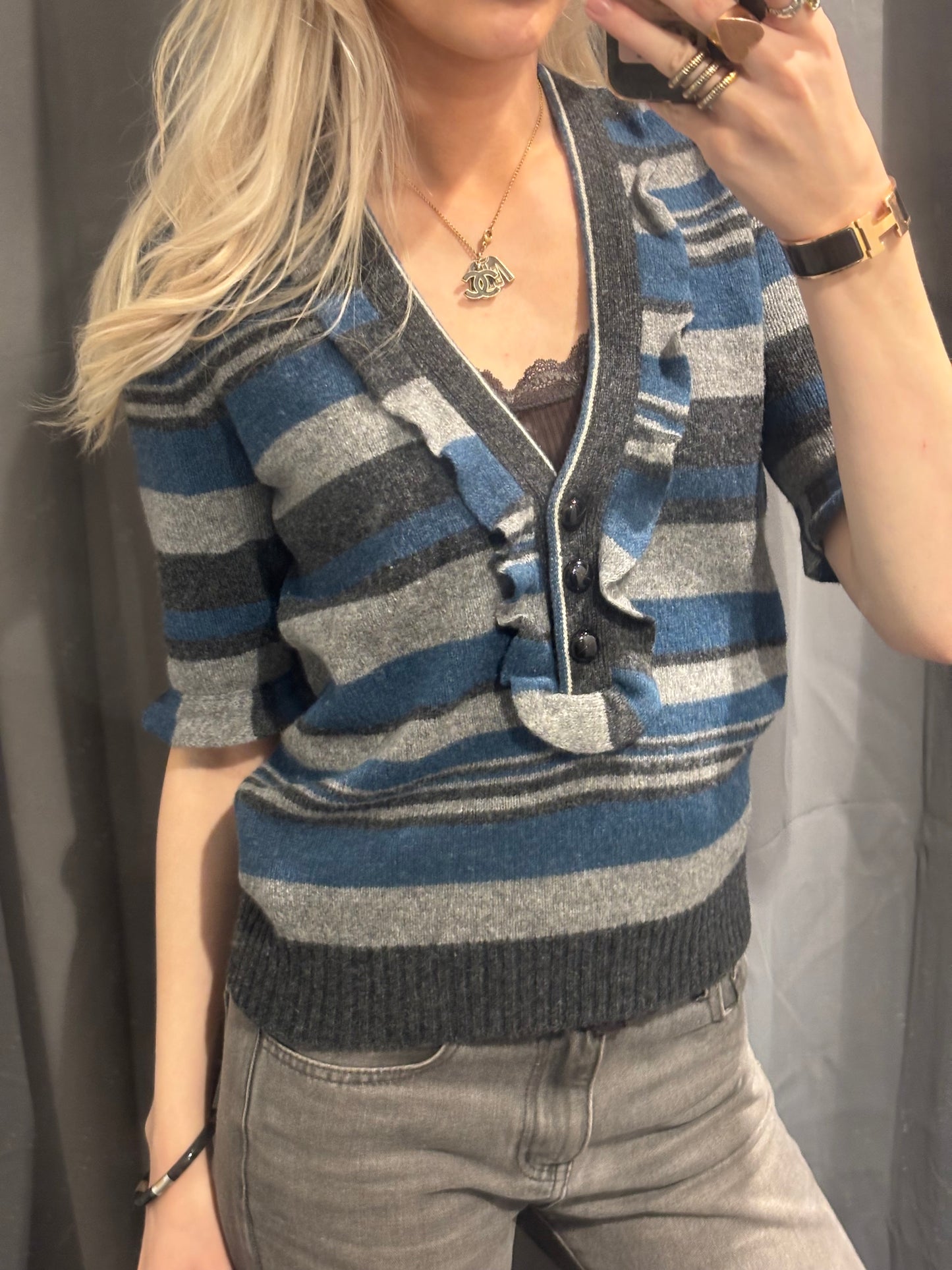 Saint Laurent Knit Top – Blue & Grey Tones with Statement Buttons - Size S-M