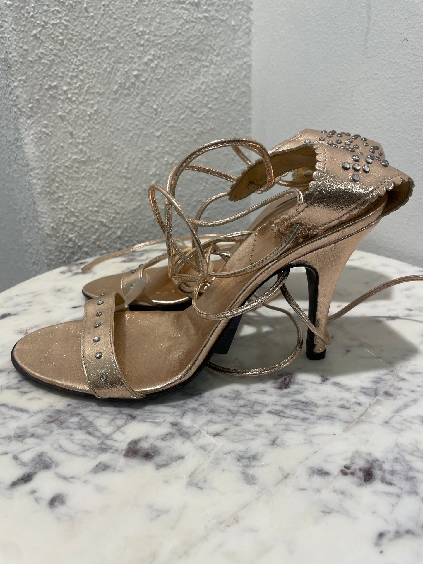 La Perla Metallic Rose Gold Studded Lace-Up Heeled Sandals – 37