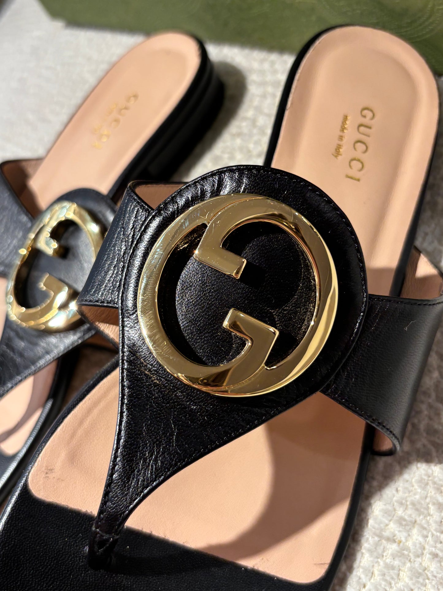 Gucci Blondie Sandals – Black Leather with Gold Logo – EU 38.5