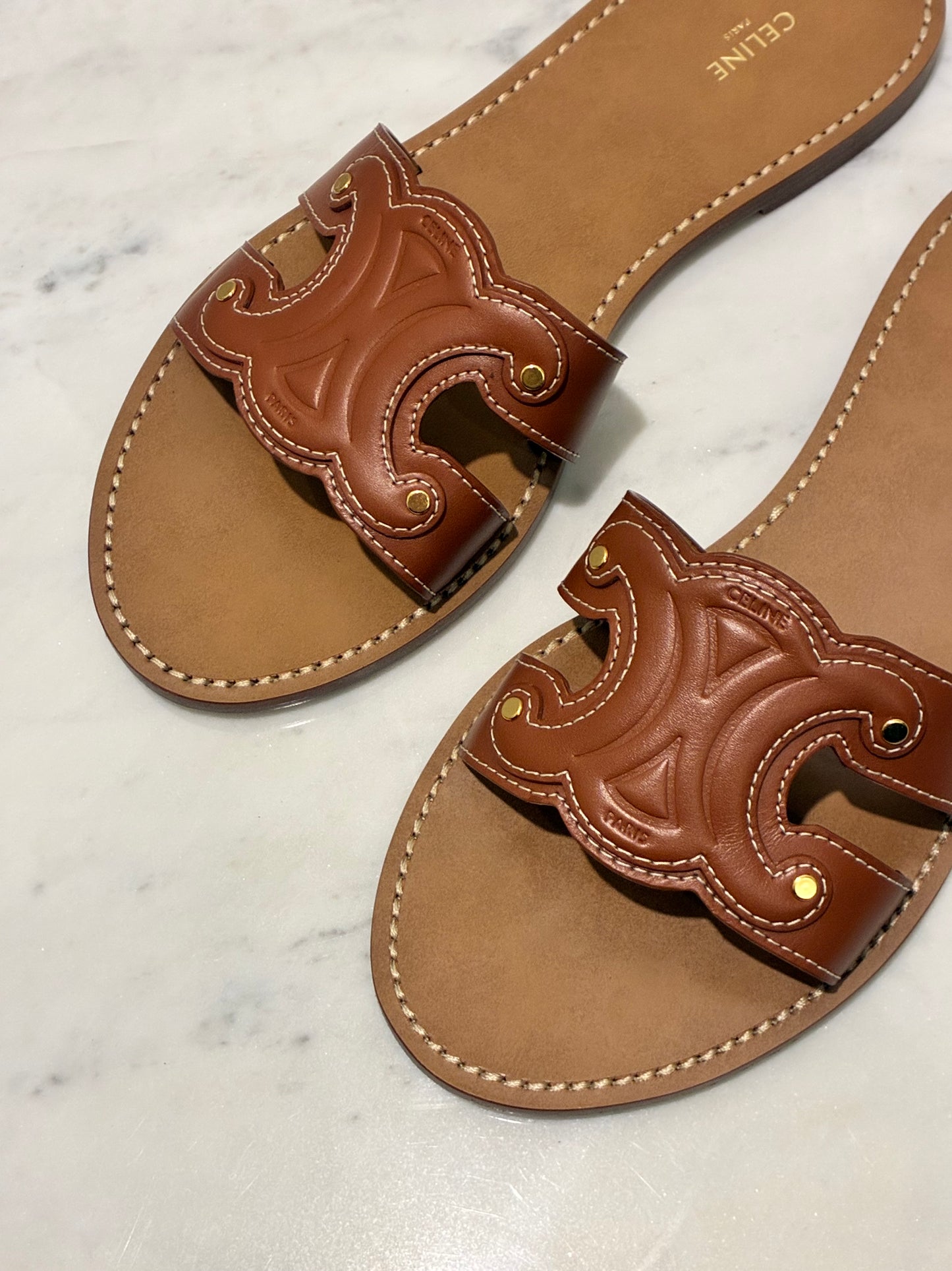 Celine Triomphe Sandals
 – Tan Leather - Size 40