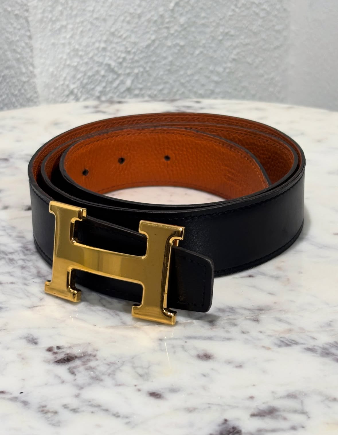 Hermès Belt – Reversible Leather in Black & Orange - Size 85