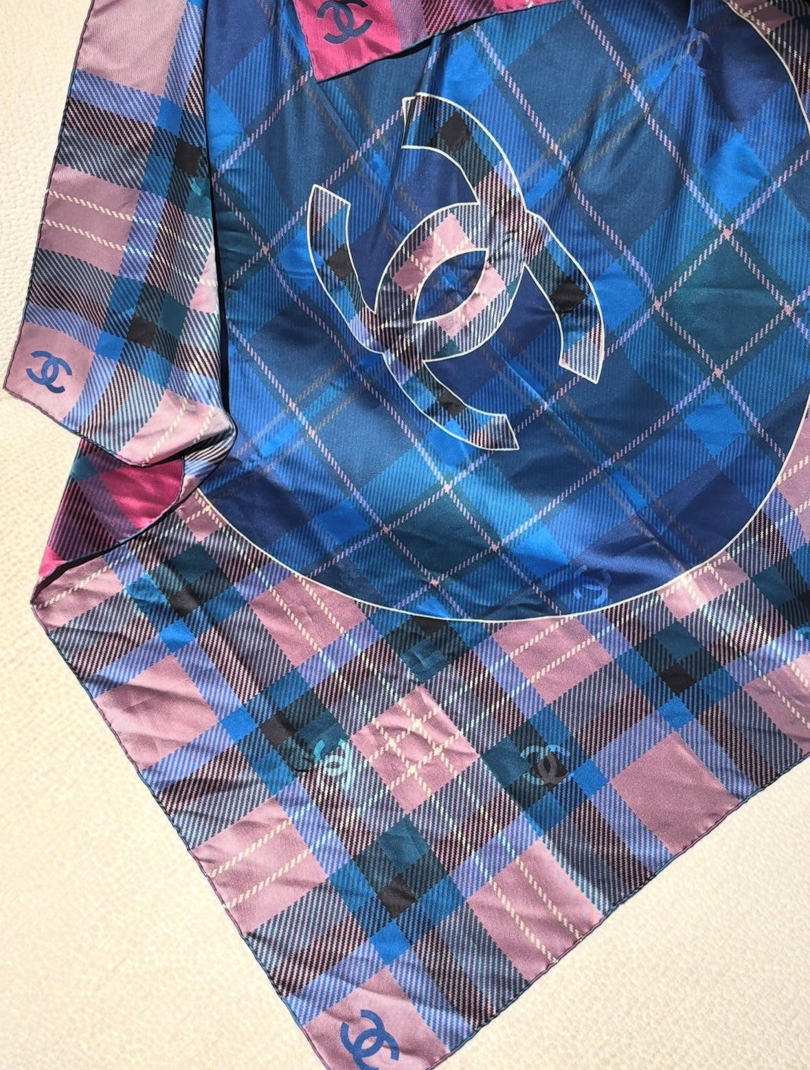 Chanel Scarf - Silk - Blue, Purple & Pink Plaid with Logos