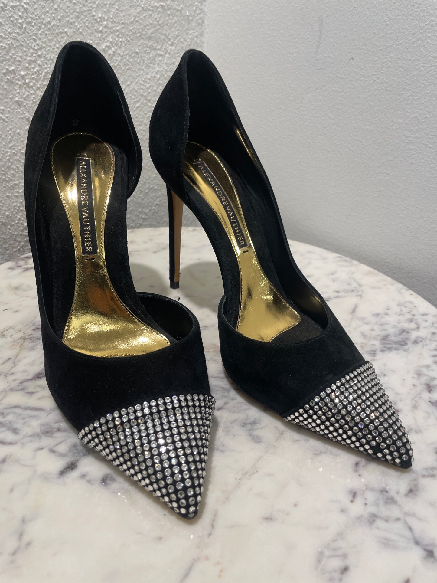 Alexandre Vauthier Black Suede Rhinestone Cap-Toe Pumps - 40