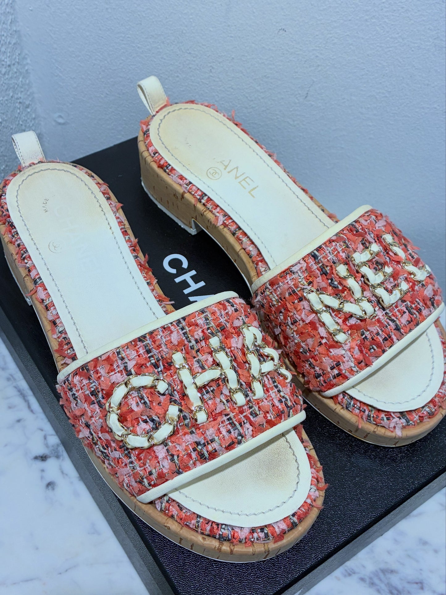 Chanel Tweed Mules – Pink with Chain Logo text – EU 40