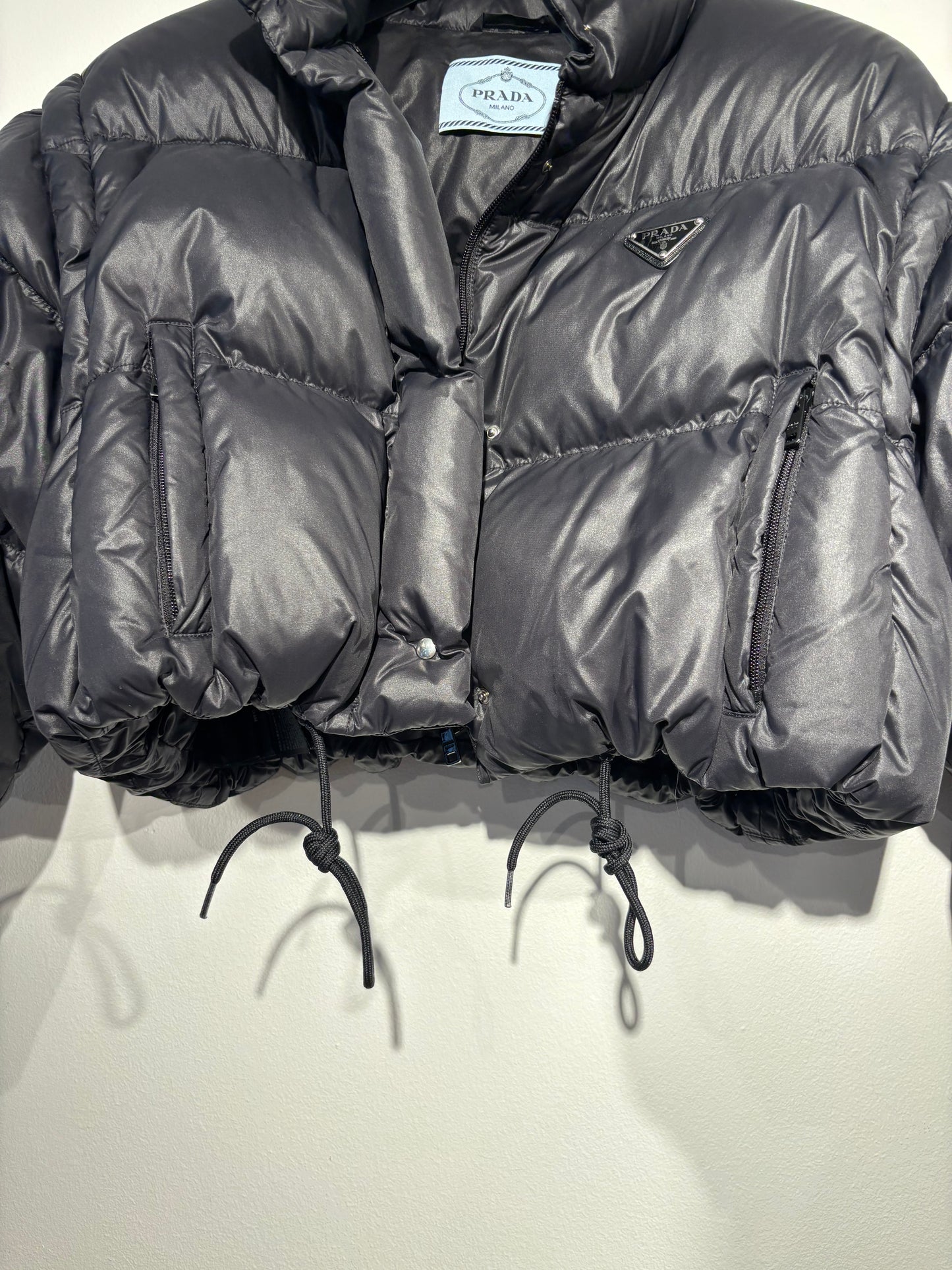 Prada Cropped Puffer Jacket - Black with Silver Logo