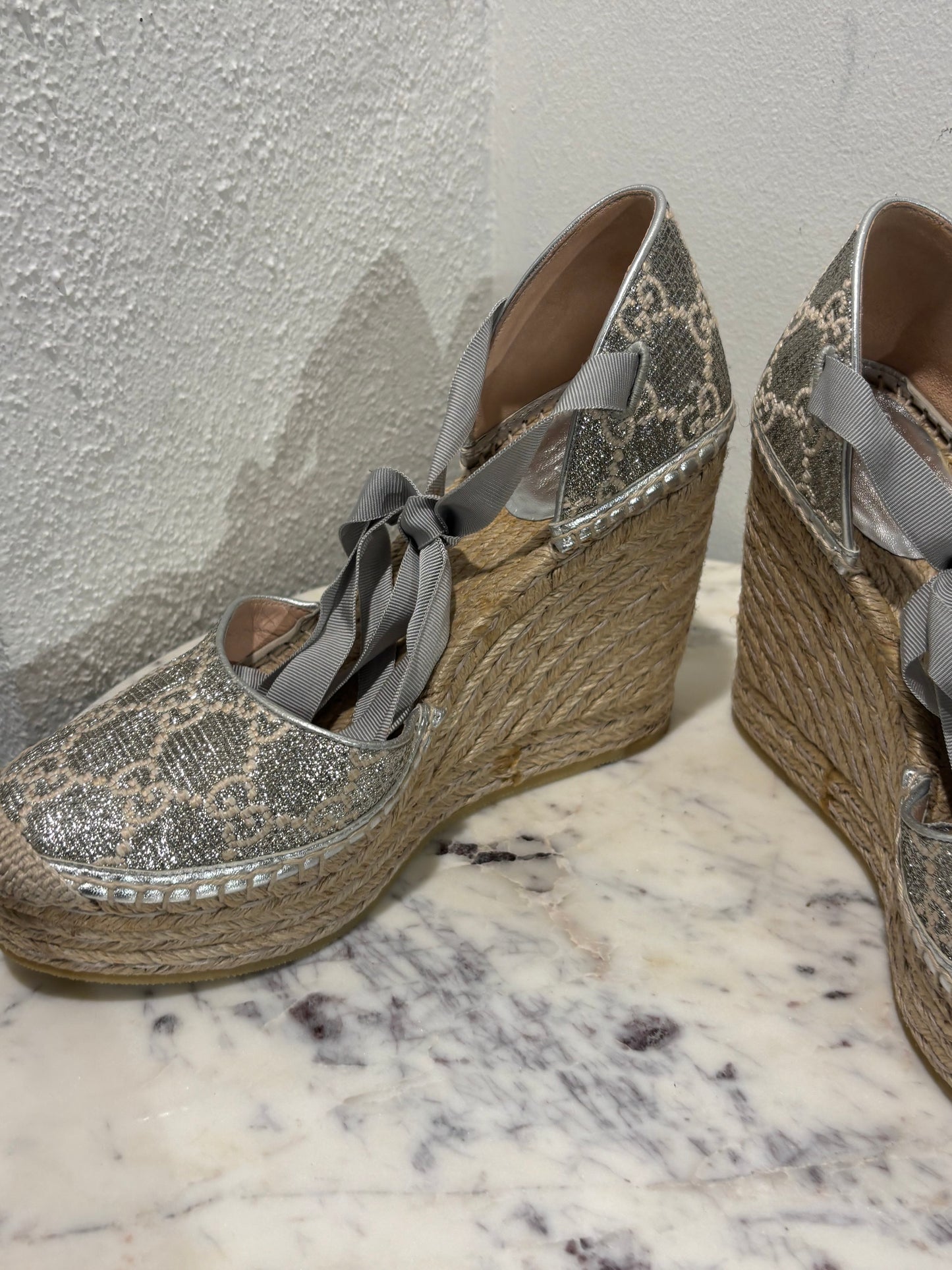 Gucci Wedge Sandals - Silver Monogram - EU 40