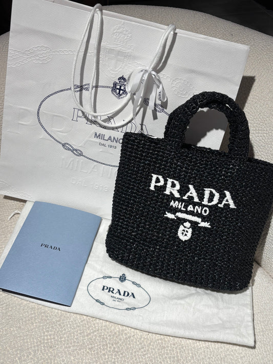 Prada Raffia Tote – Black with White Logo Text