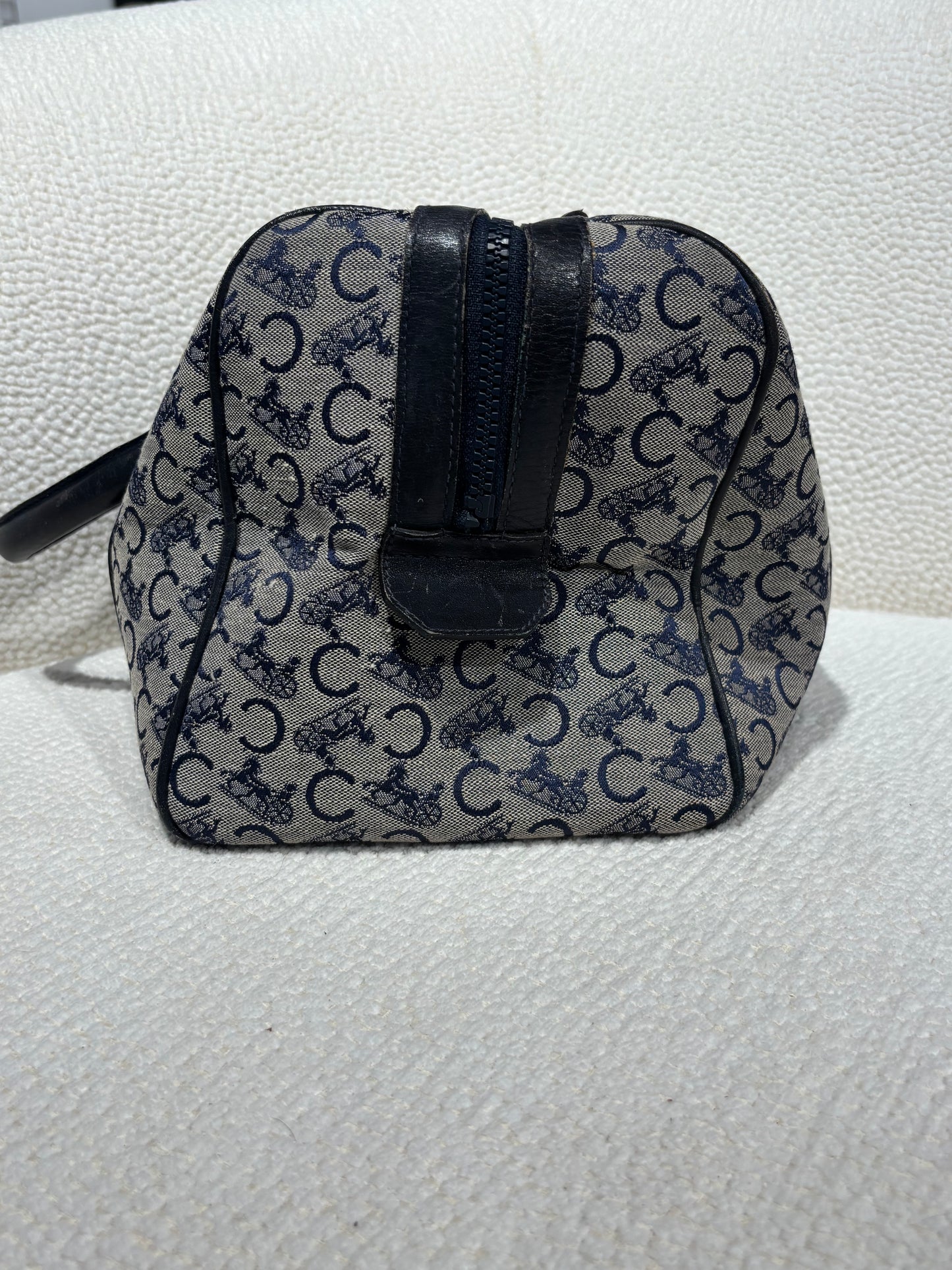 Celine Vintage Macadam Boston Bag – Grey & Navy Canvas & Leather