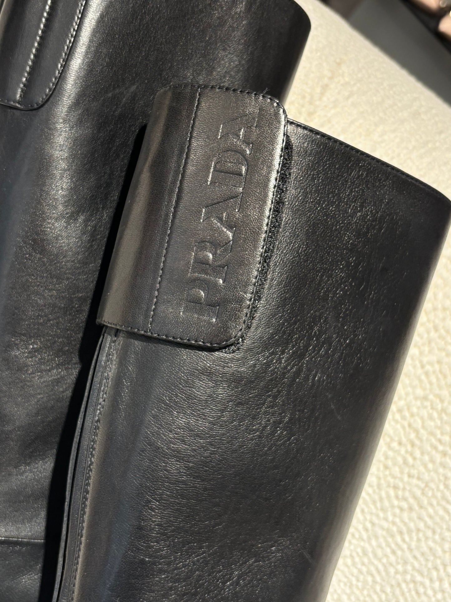 Prada Knee-High Boots - Black Leather & Embossed Logo - EU 39.5