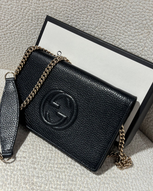 Gucci Wallet On Chain - Black Grained Leatheri, Embossed Logo & Gold Hardware