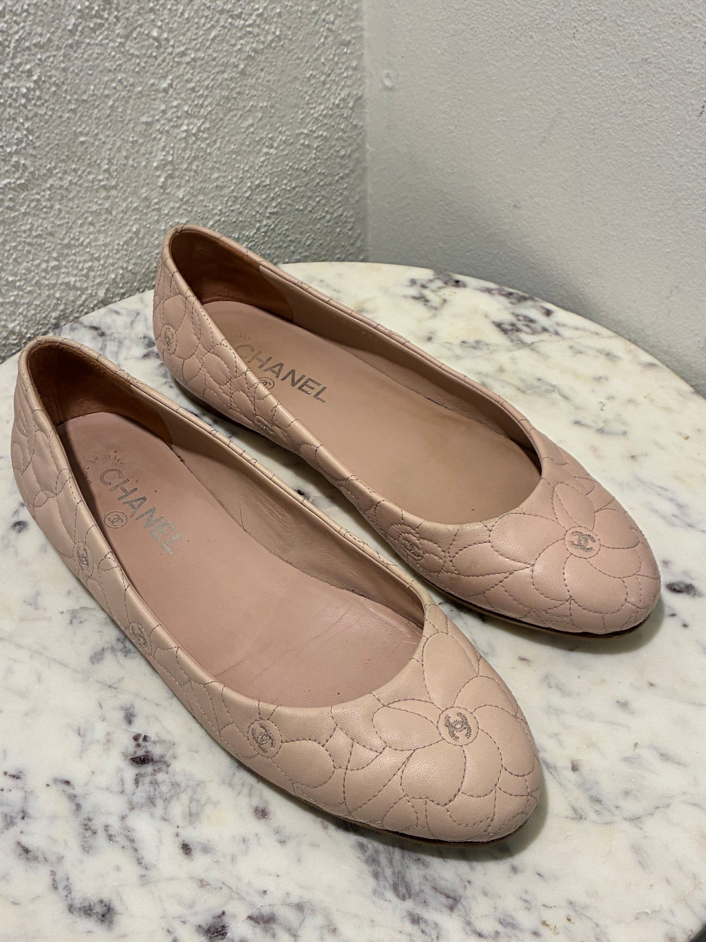 Chanel Ballerina Flats – Blush Leather with Camelia Print & Logos – EU 40.5