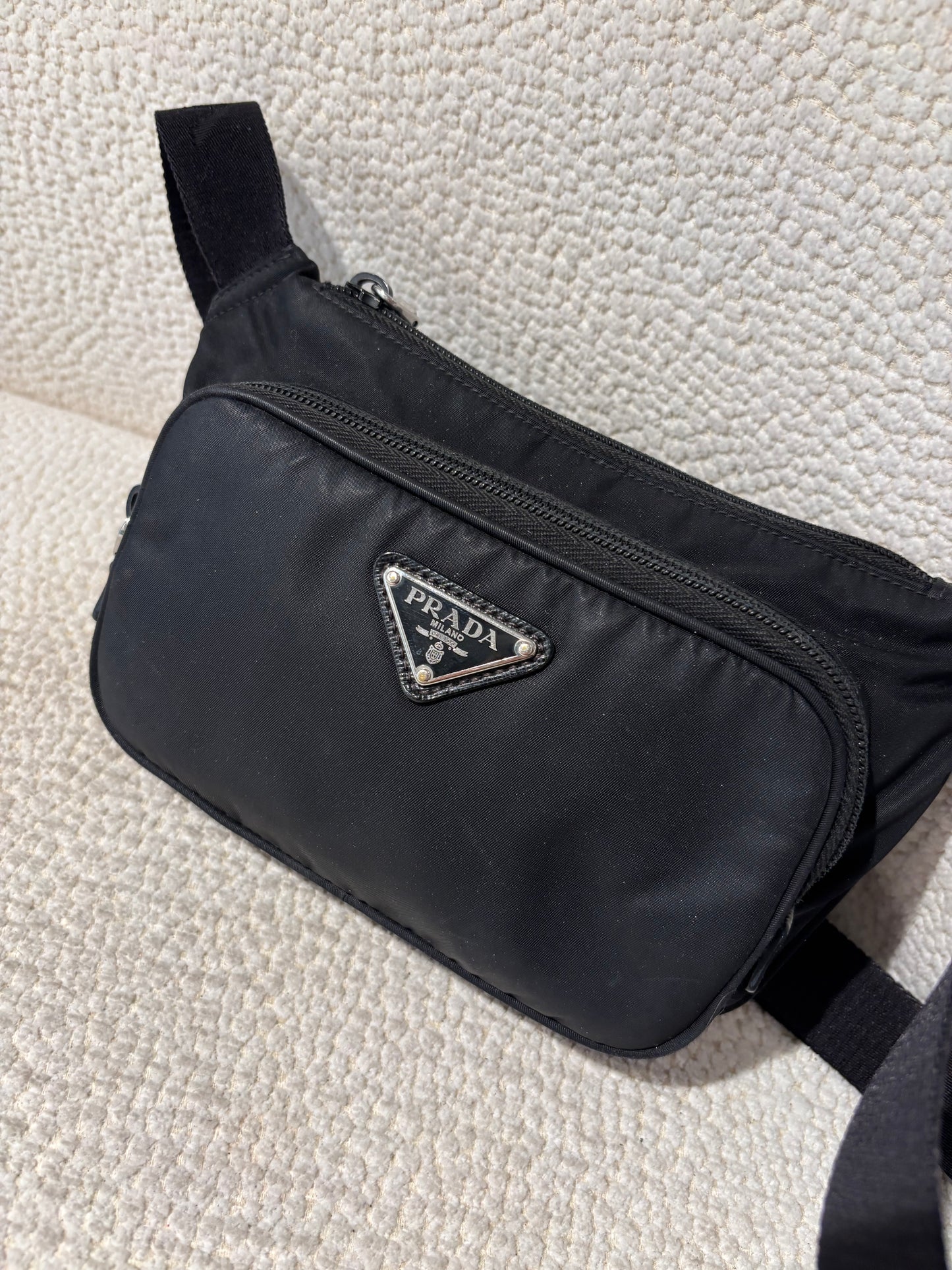 Prada Crossbody Bag - Black Nylon & Silver Logo
