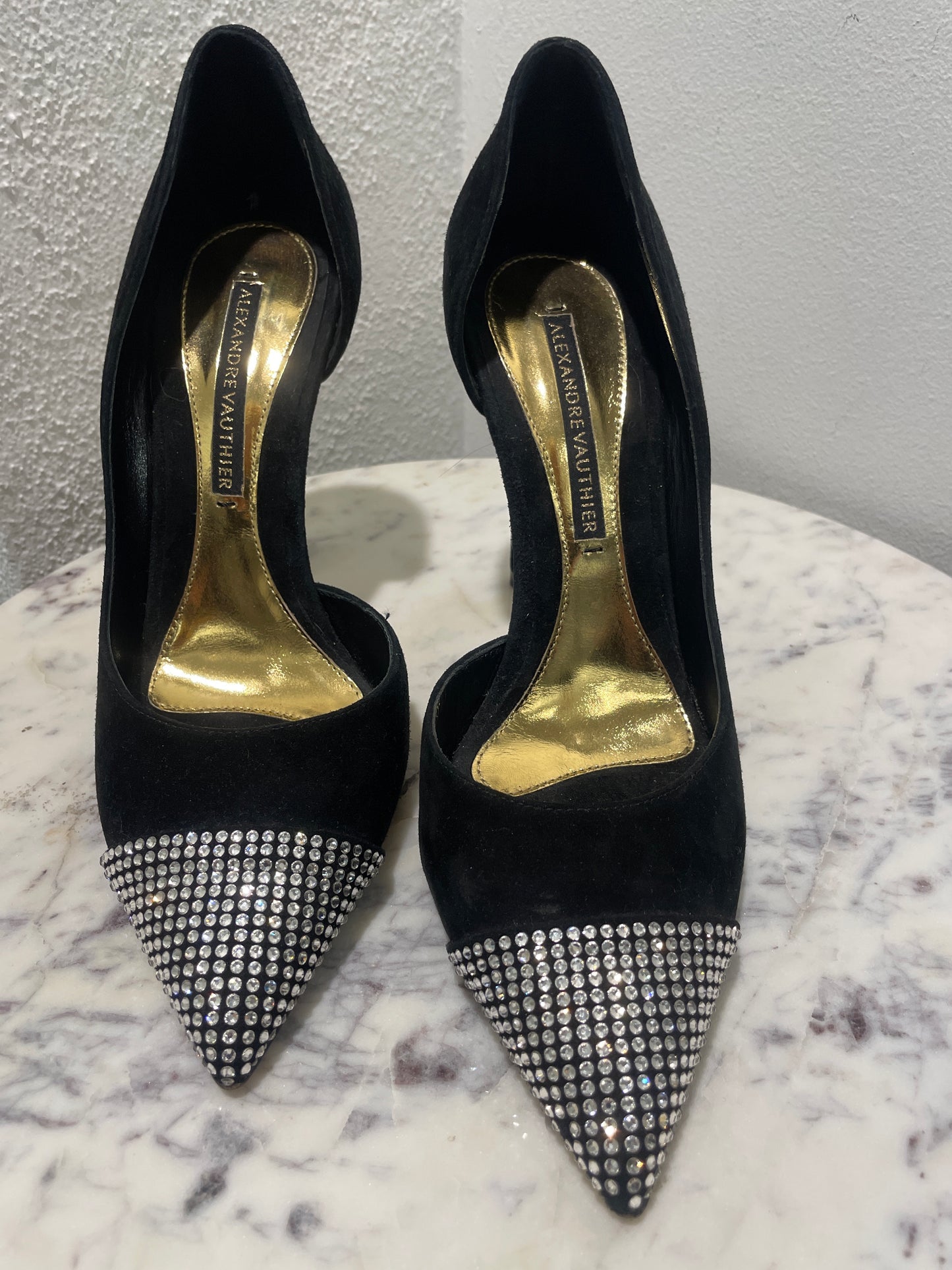 Alexandre Vauthier Black Suede Rhinestone Cap-Toe Pumps - 40