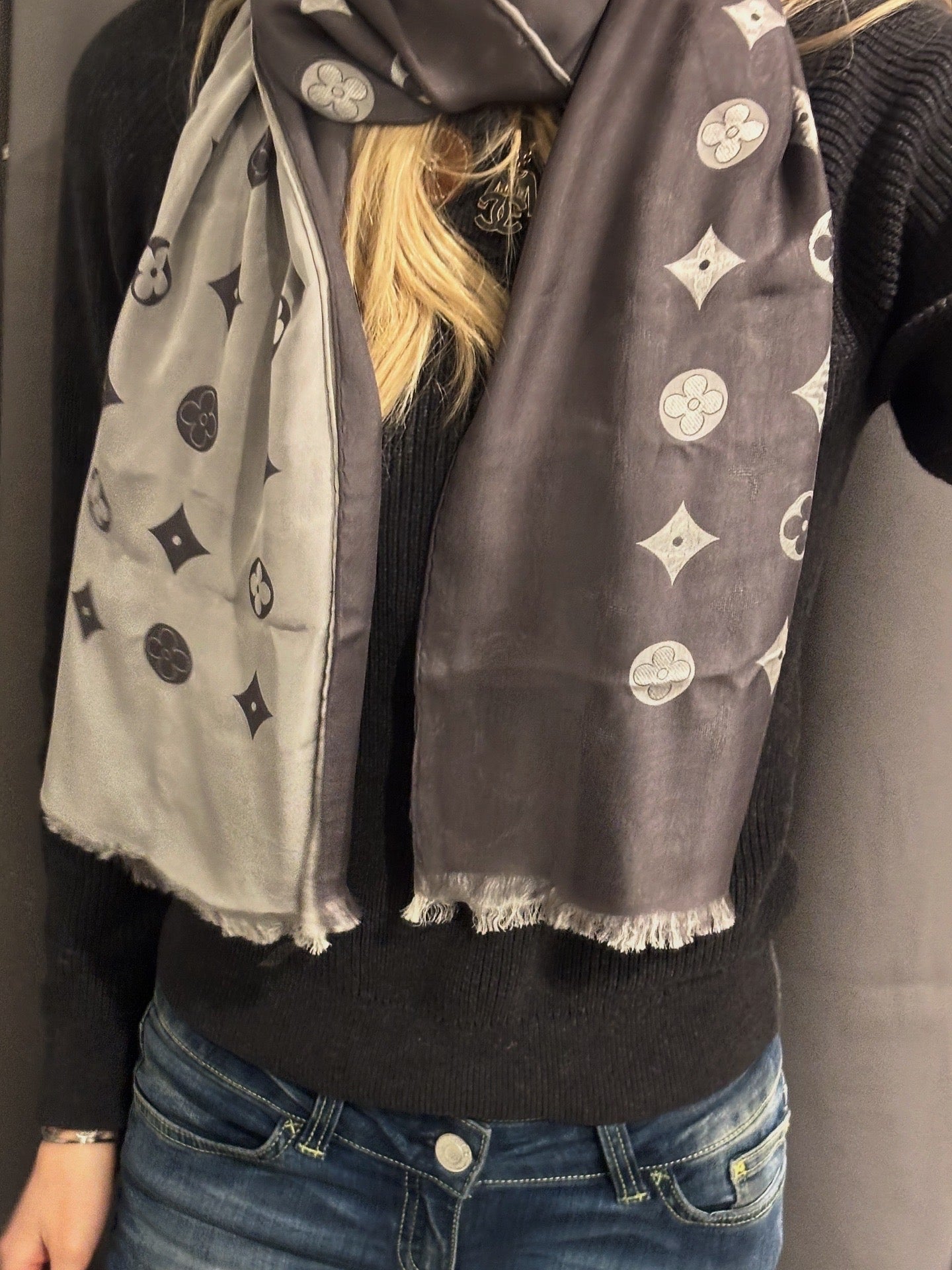 Vintage Louis Vuitton Silk Scarf - Double Sided in Grey with Monogram