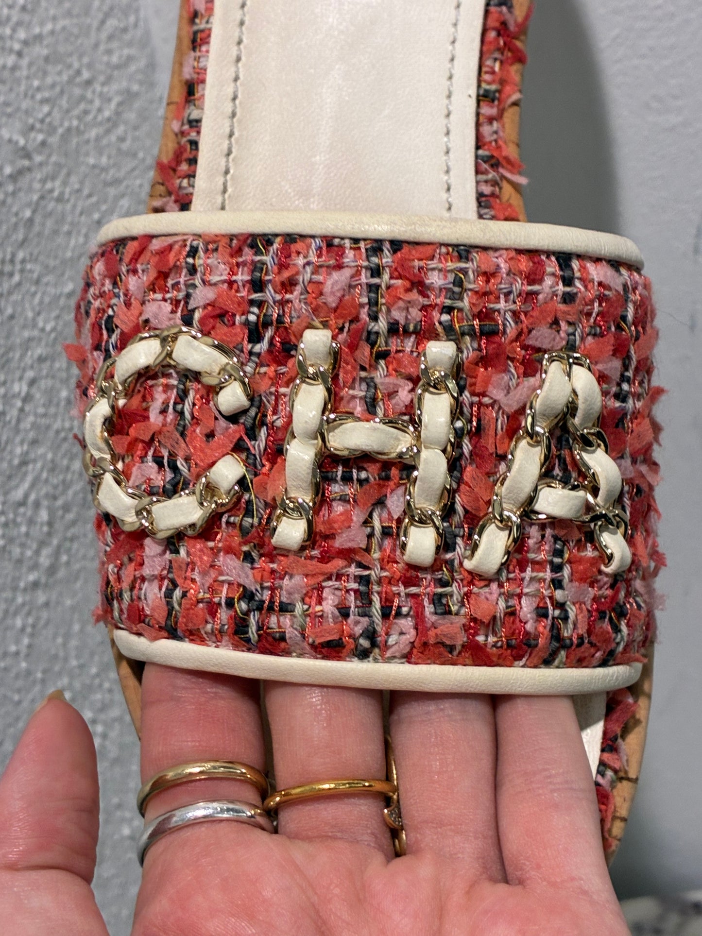 Chanel Tweed Mules – Pink with Chain Logo text – EU 40