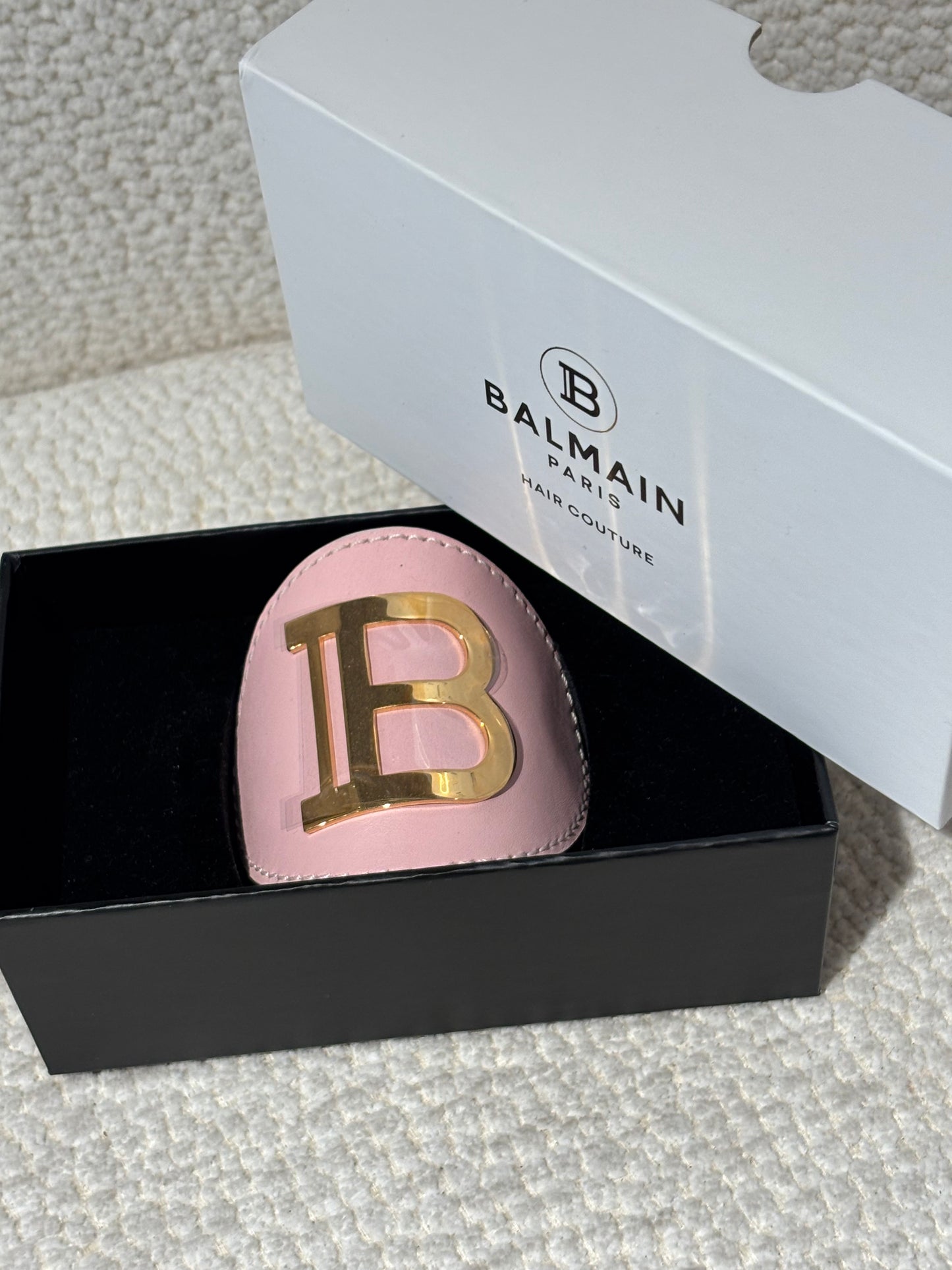 Balmain Hair Clip - Pink Leather & 18 Carat Gold Logo