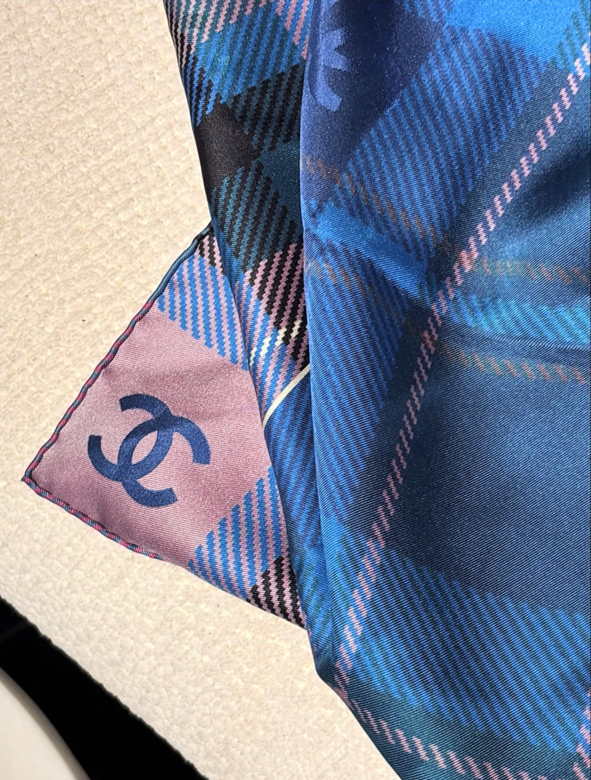 Chanel Scarf - Silk - Blue, Purple & Pink Plaid with Logos