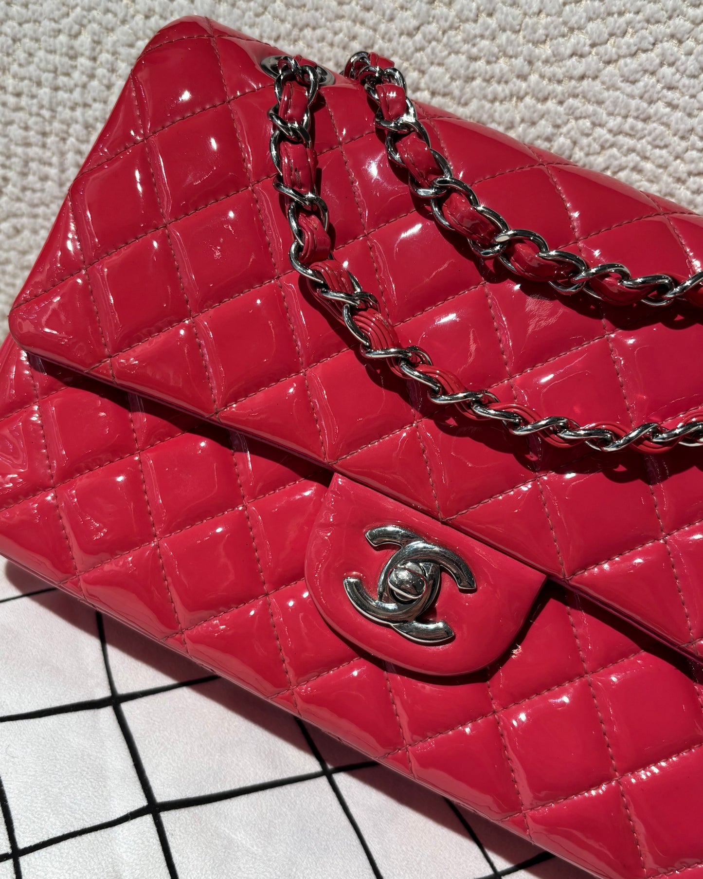 Chanel Flap Bag - Raspberry Patent Leather & Silver Hardware