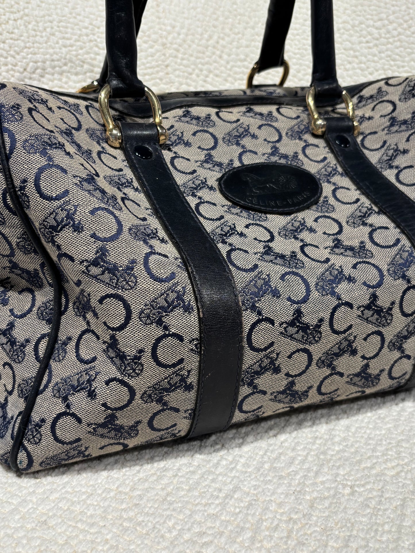 Celine Vintage Macadam Boston Bag – Grey & Navy Canvas & Leather