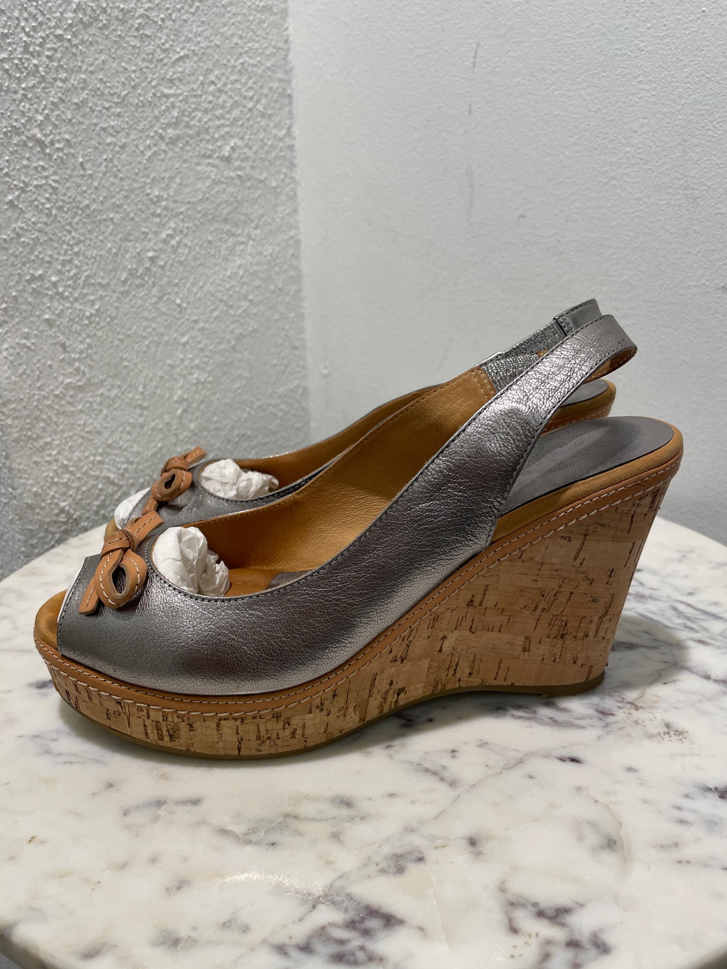 Unisa - Brand new Metallic Silver Slingback Wedge Sandals - 39