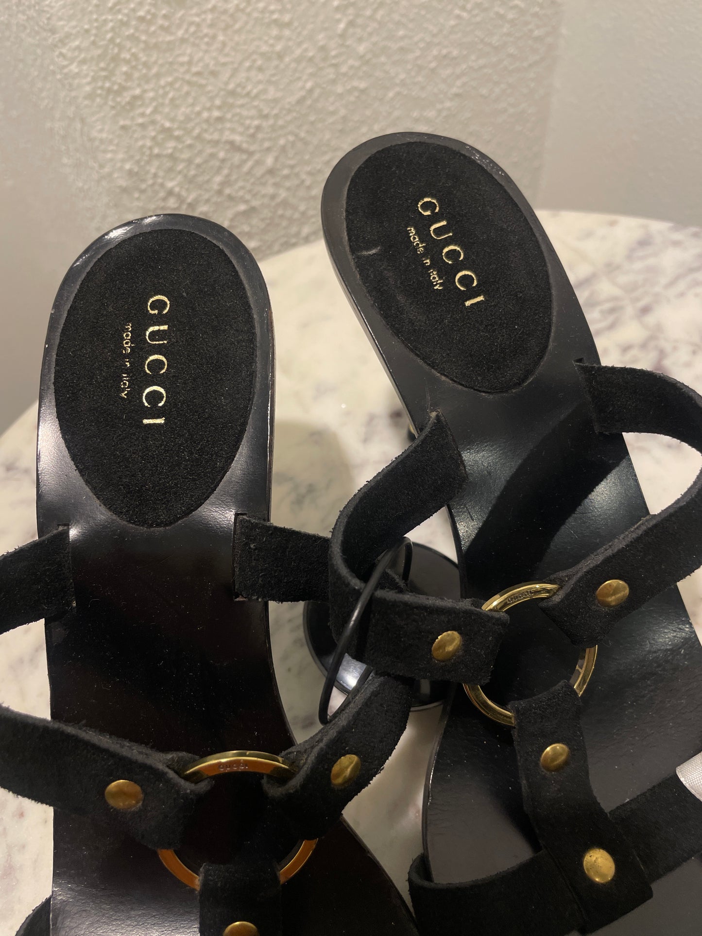 Gucci Black Suede Gold O-Ring Mule Sandals – EU 36.5C