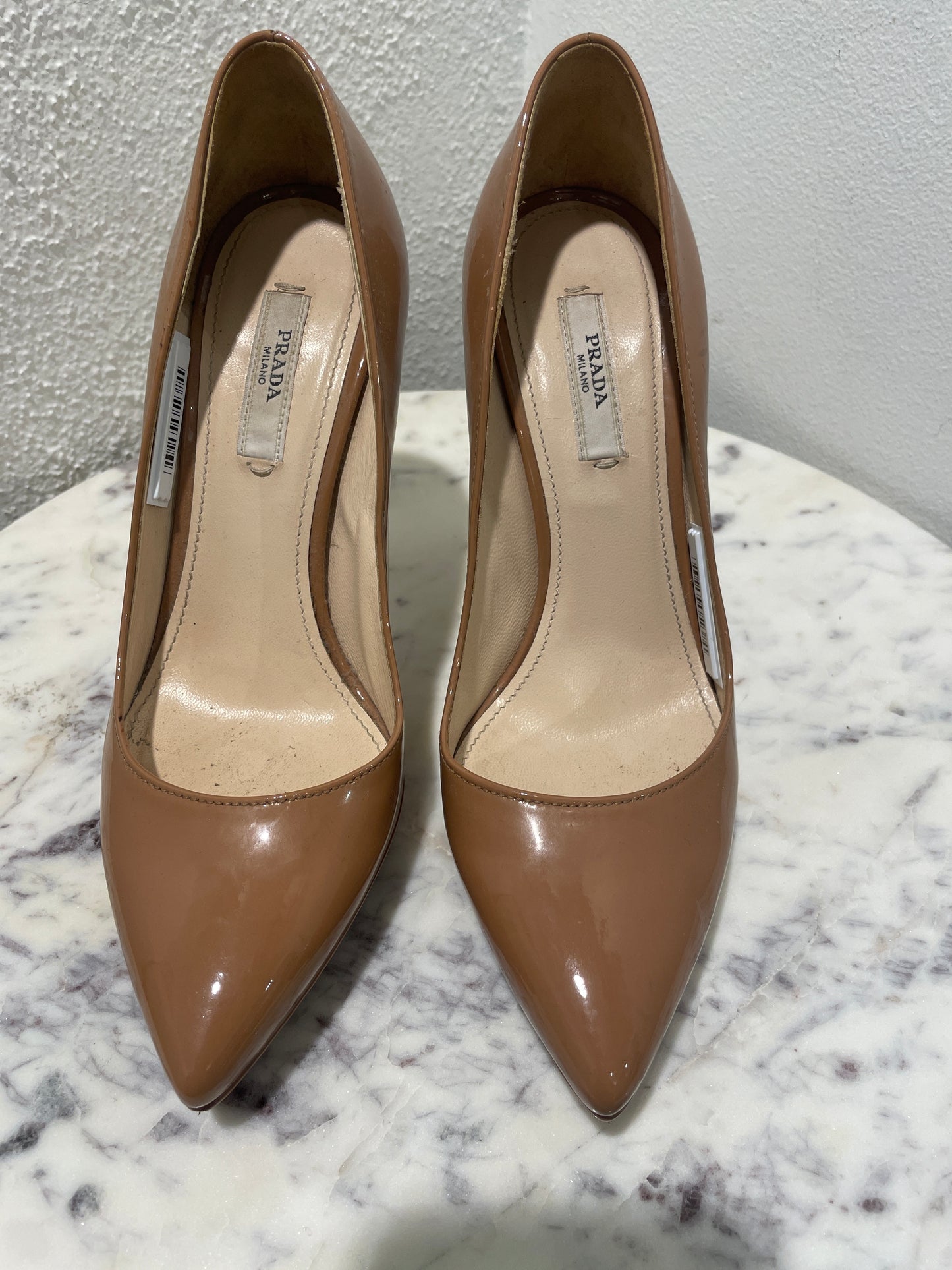 Vintage Prada Camel Nude Patent Leather Platform Pumps - 36