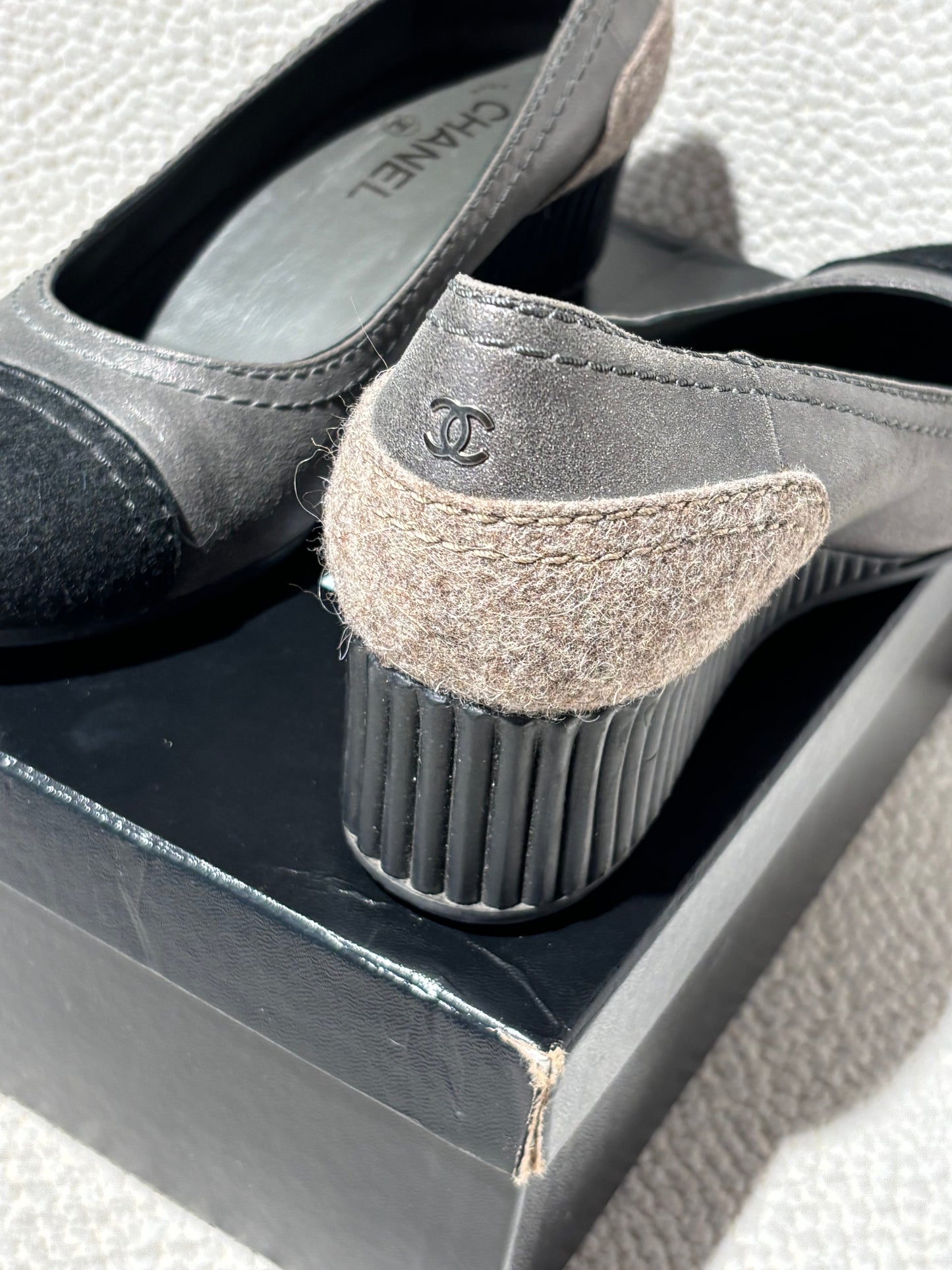 Chanel Wedge Heels - Grey & Black Suede & Fabric – EU 41