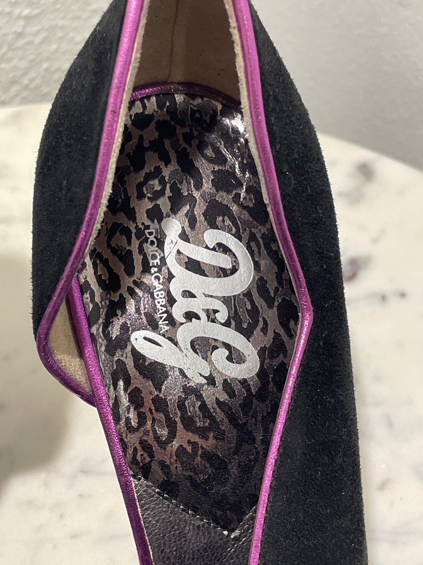 Vintage Dolce & Gabbana Black Suede Peep-Toe Pumps with Purple Heel Accents - 38