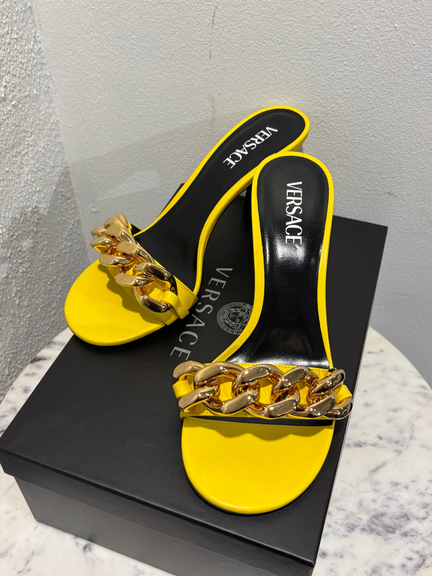 Versace Heeled Sandals - Yellow With Gold Chain - Size 40