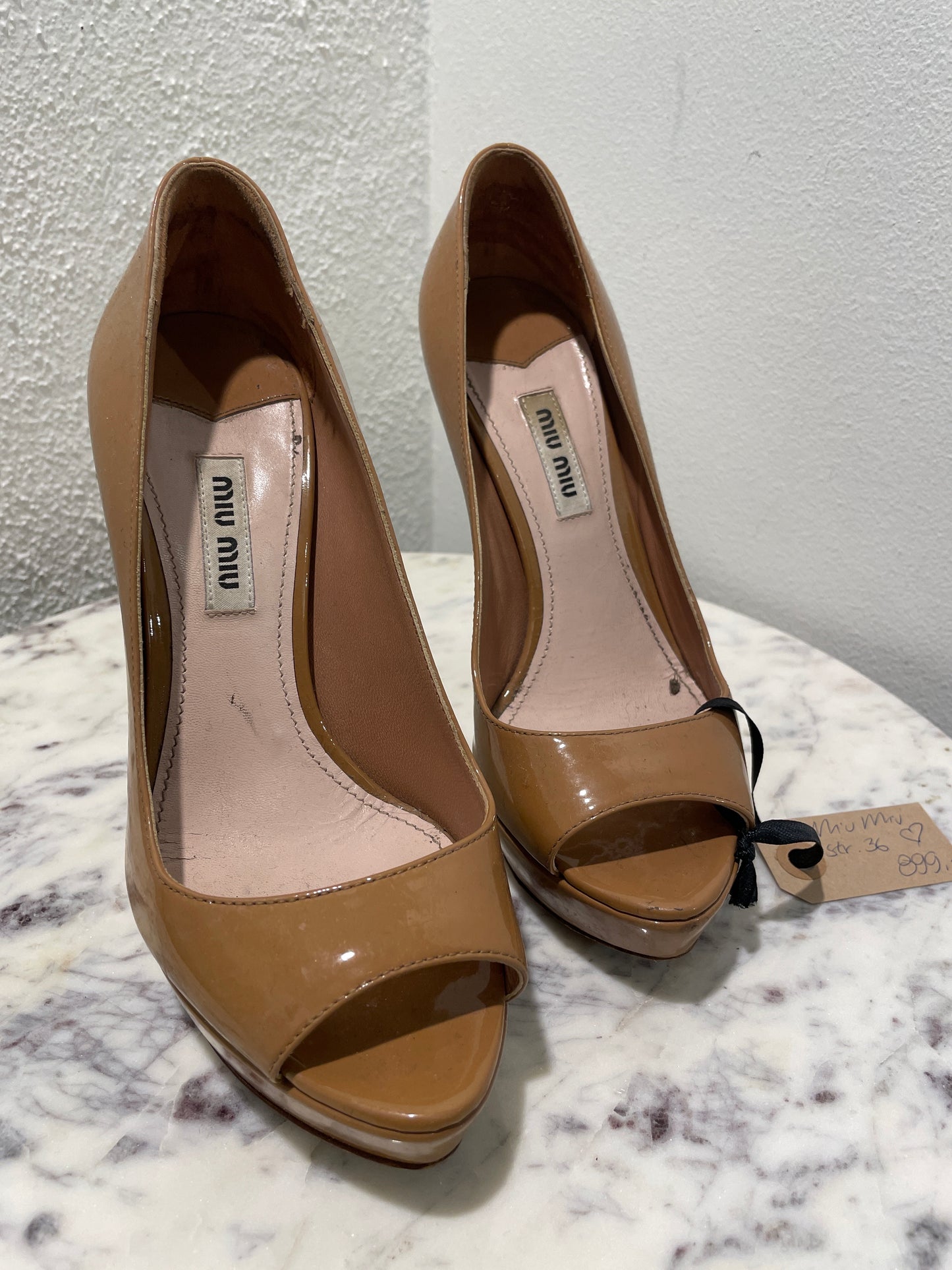 Vintage Miu Miu Camel Patent Leather Peep-Toe Platform Pumps - 36