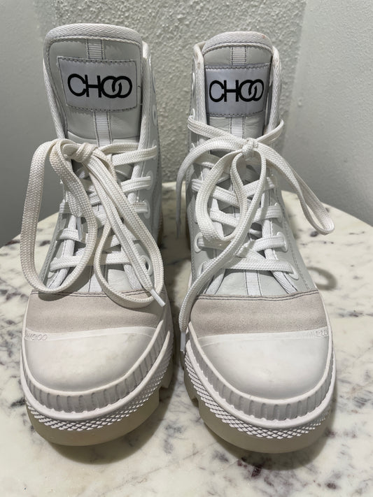 Jimmy Choo Nord White Nappa Leather & Suede Sneaker Boots - 37