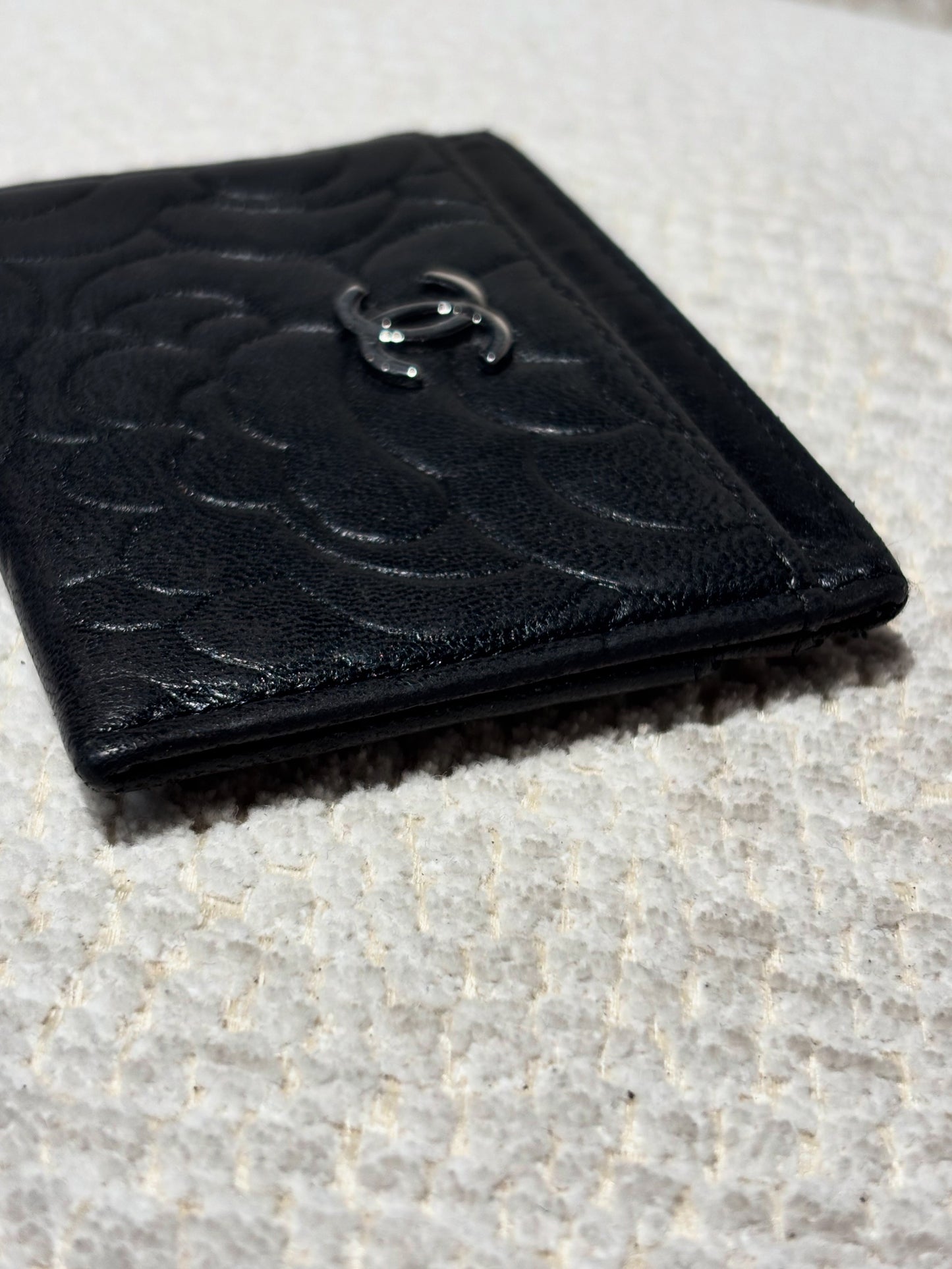 Chanel Cardholder - Camelia - Black Lamsbkin & Silver Logo
