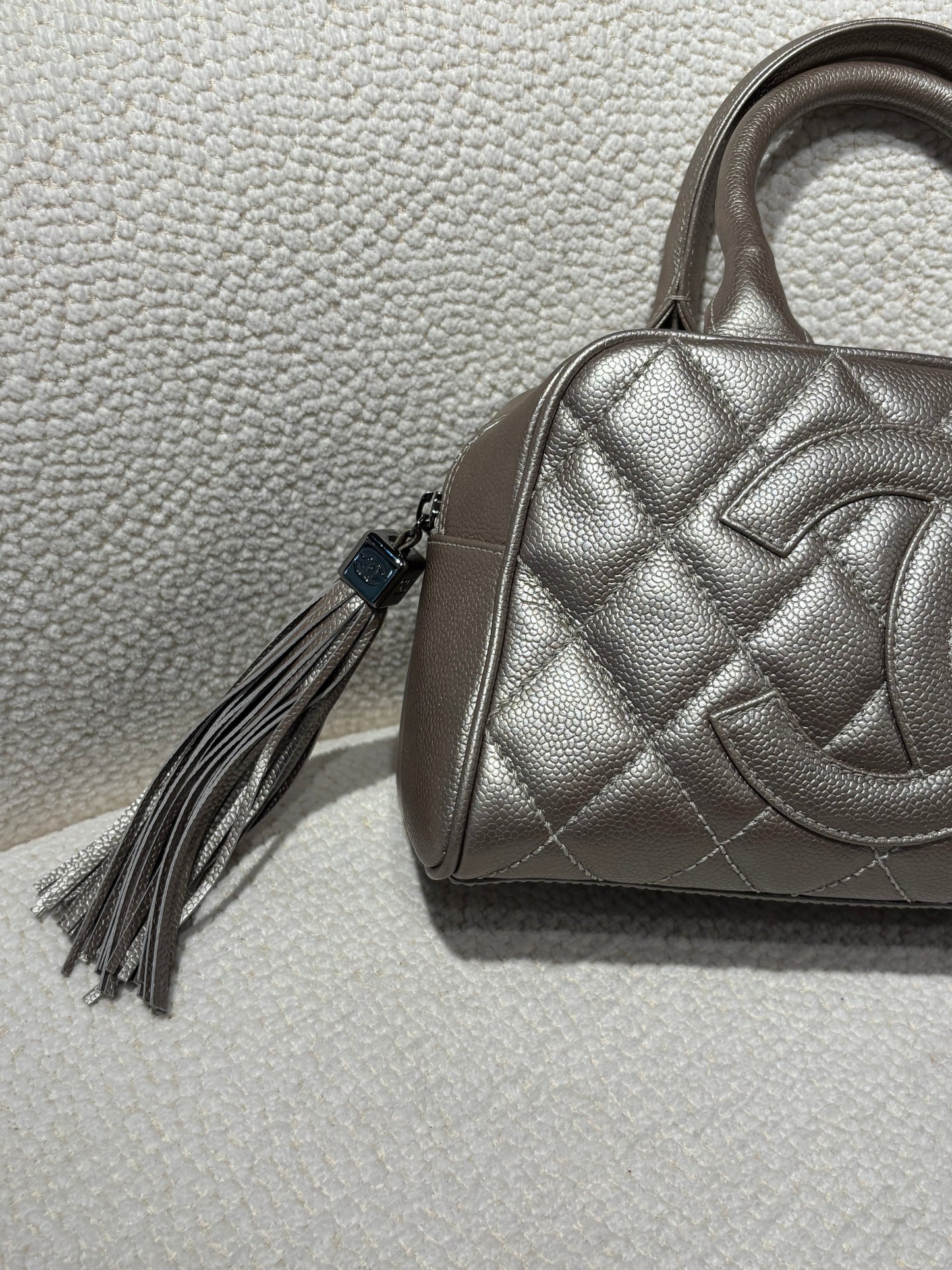 Chanel Boston Bag – Silver Caviar Leather & Silver Hardware