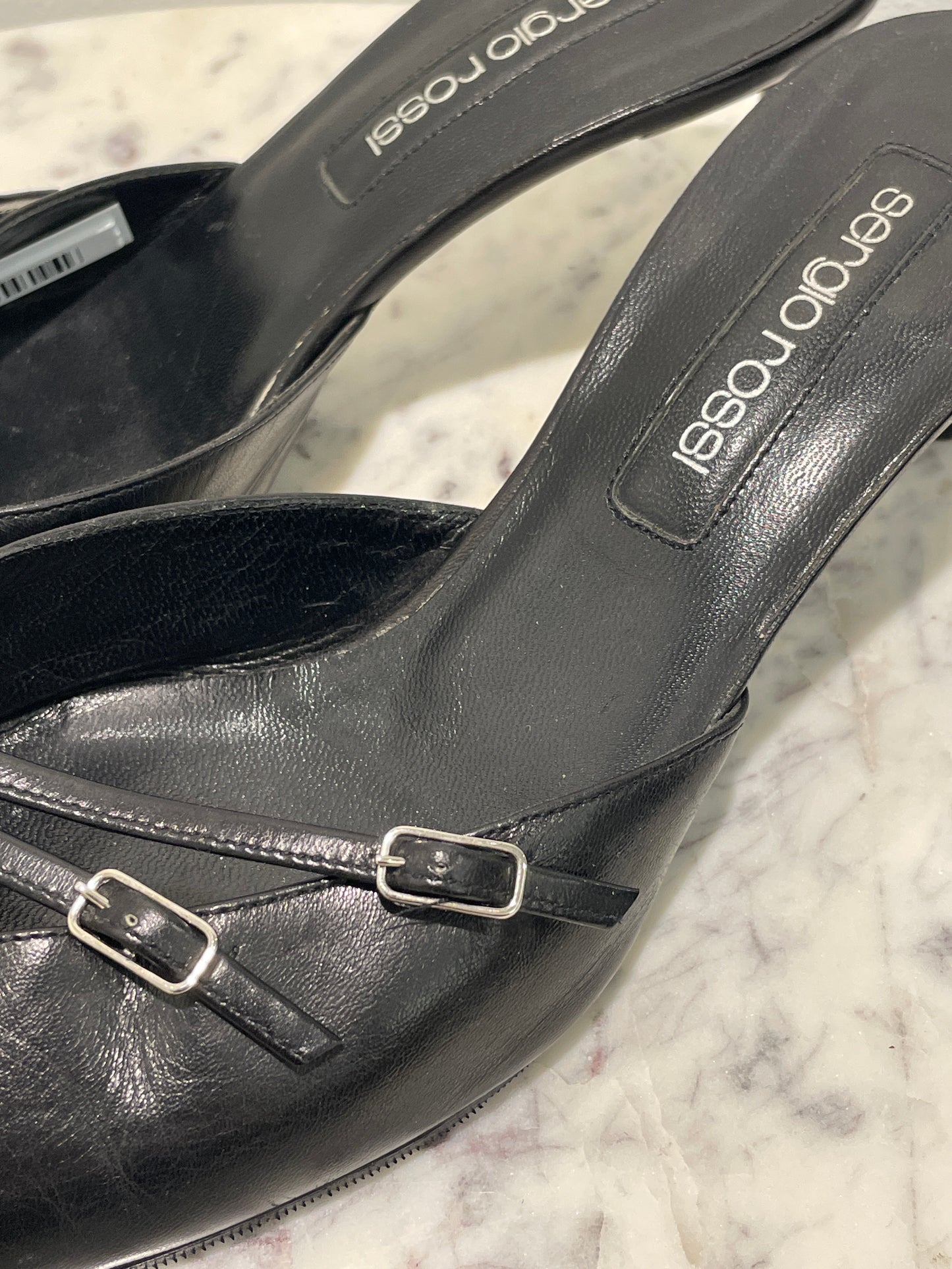 Vintage Sergio Rossi Black Leather Pointed-Toe Mules / Kitten Heels - 39