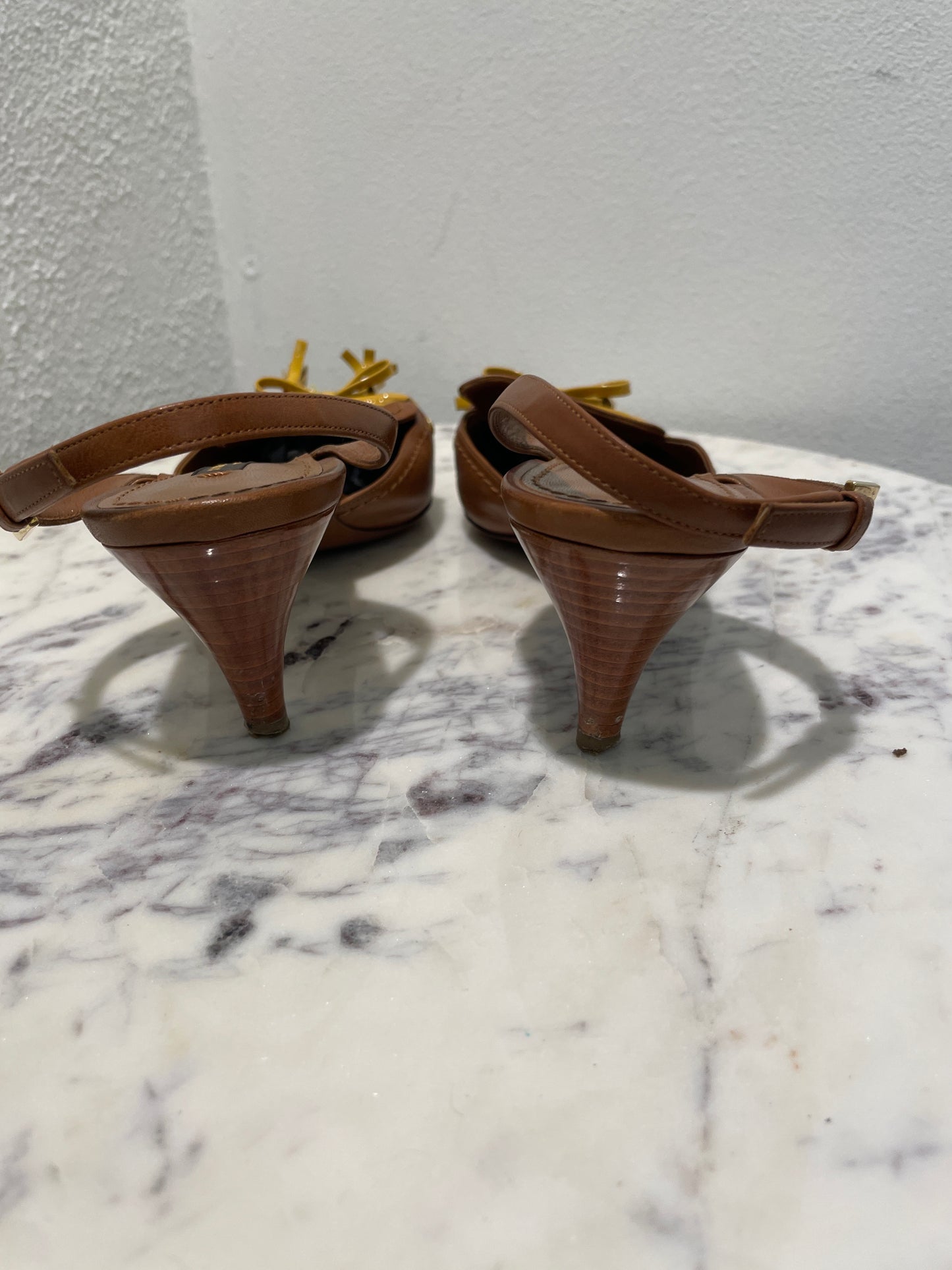 Louis Vuitton Tan Leather Pointed-Toe Slingback Heels with Yellow Tassel Bow - 37