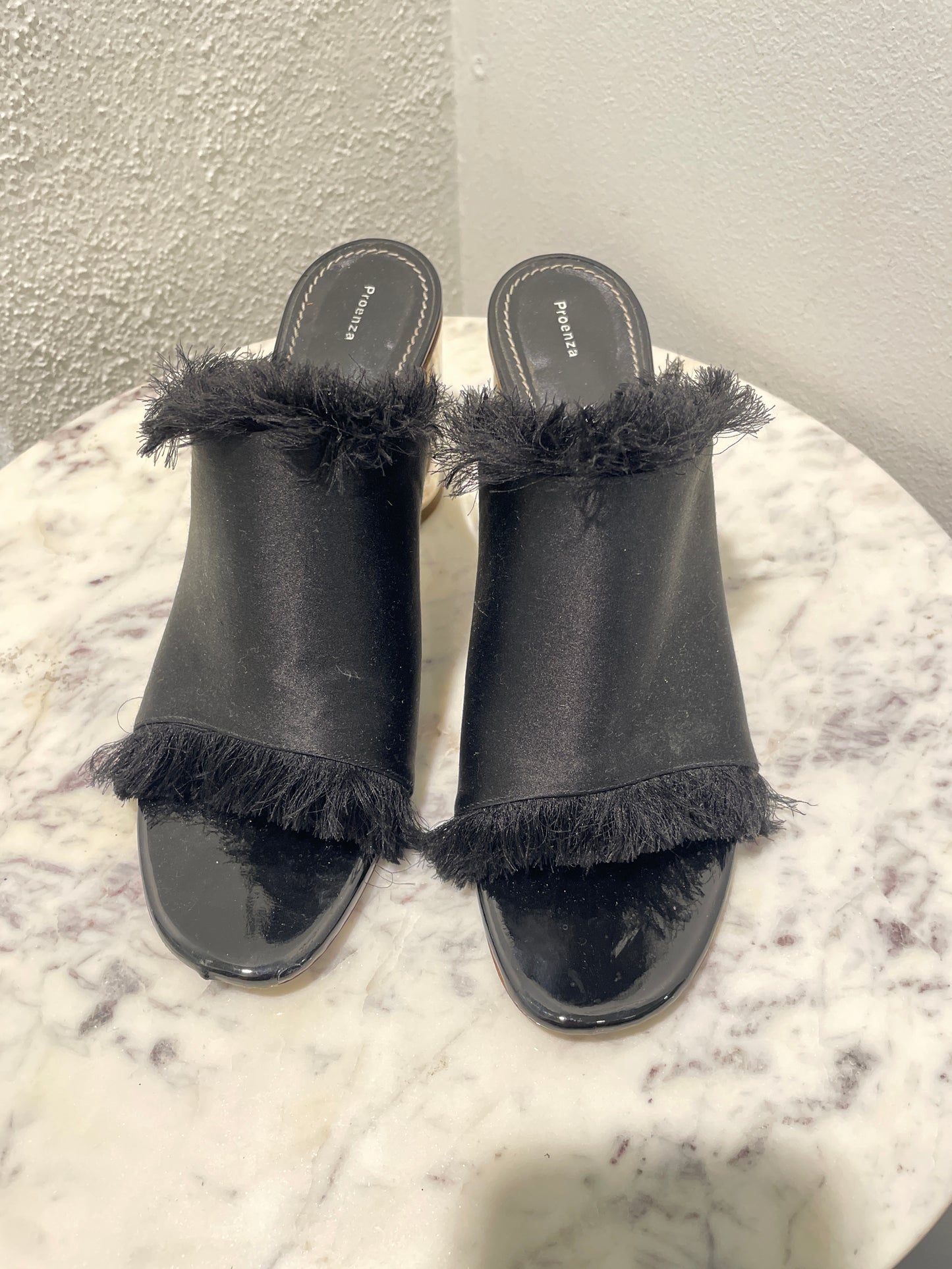 Proenza Schouler - Fringed Satin Open-Toe Mules with Metallic Block Heel - 39