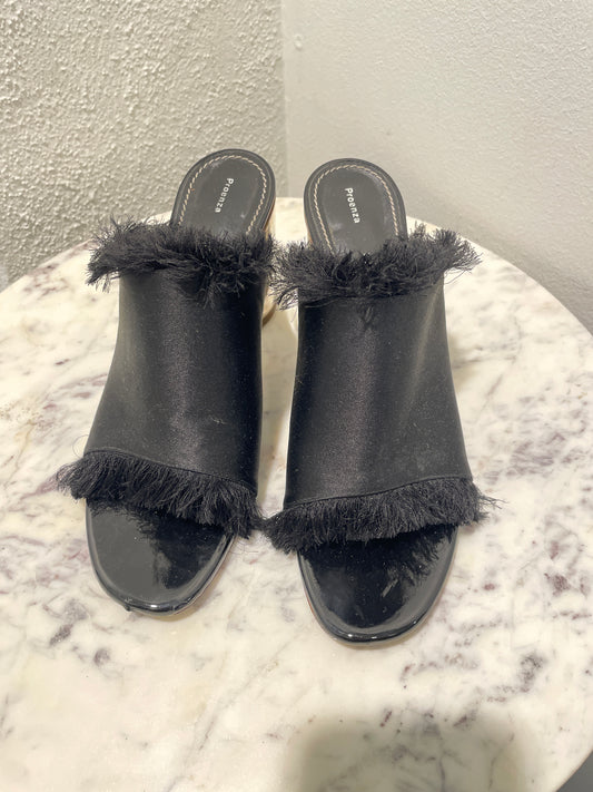 Proenza Schouler - Fringed Satin Open-Toe Mules with Metallic Block Heel - 39