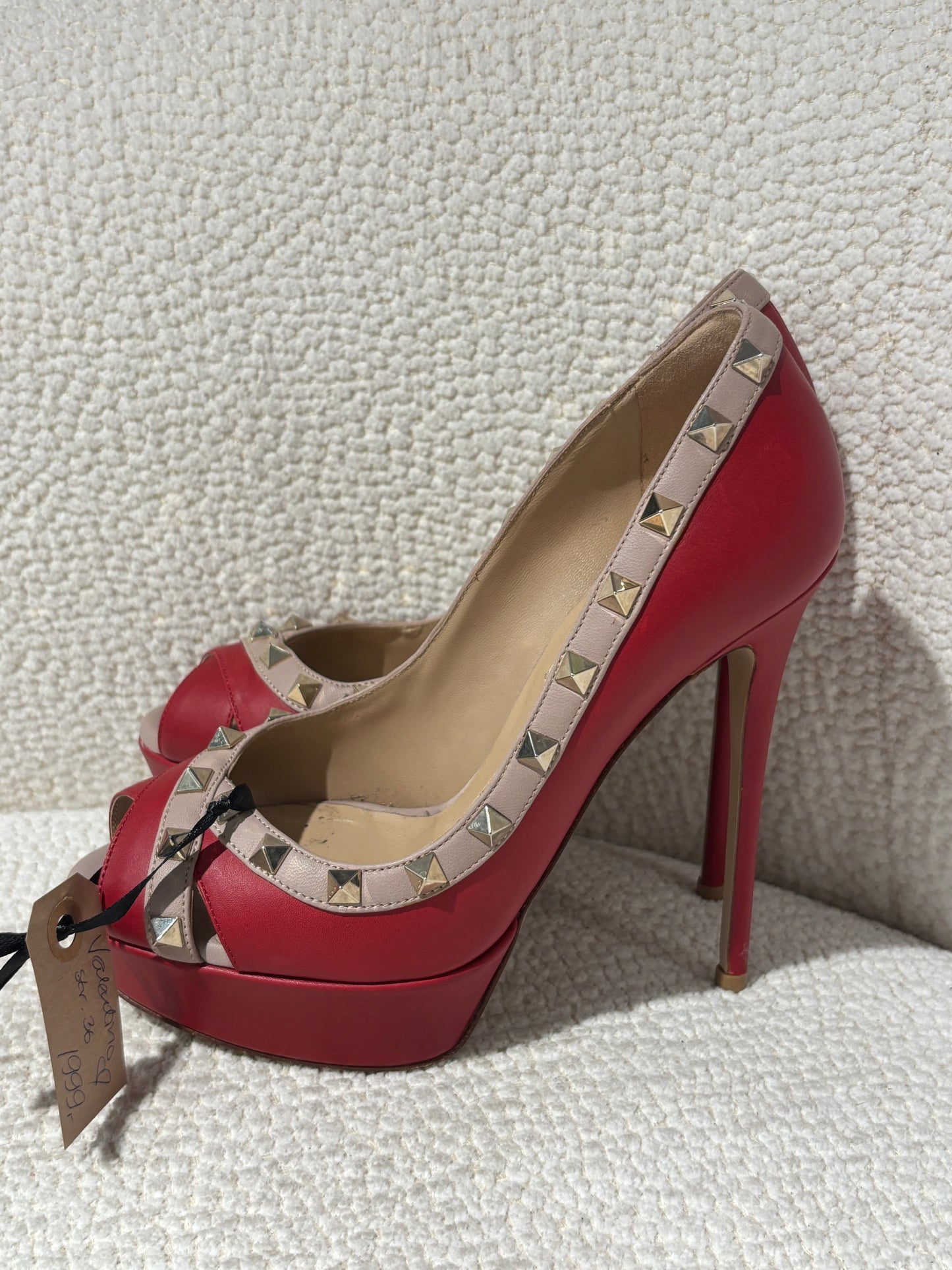 Valentino Platform Heels – Red Leather with Pink Trim & Studs - EU 36