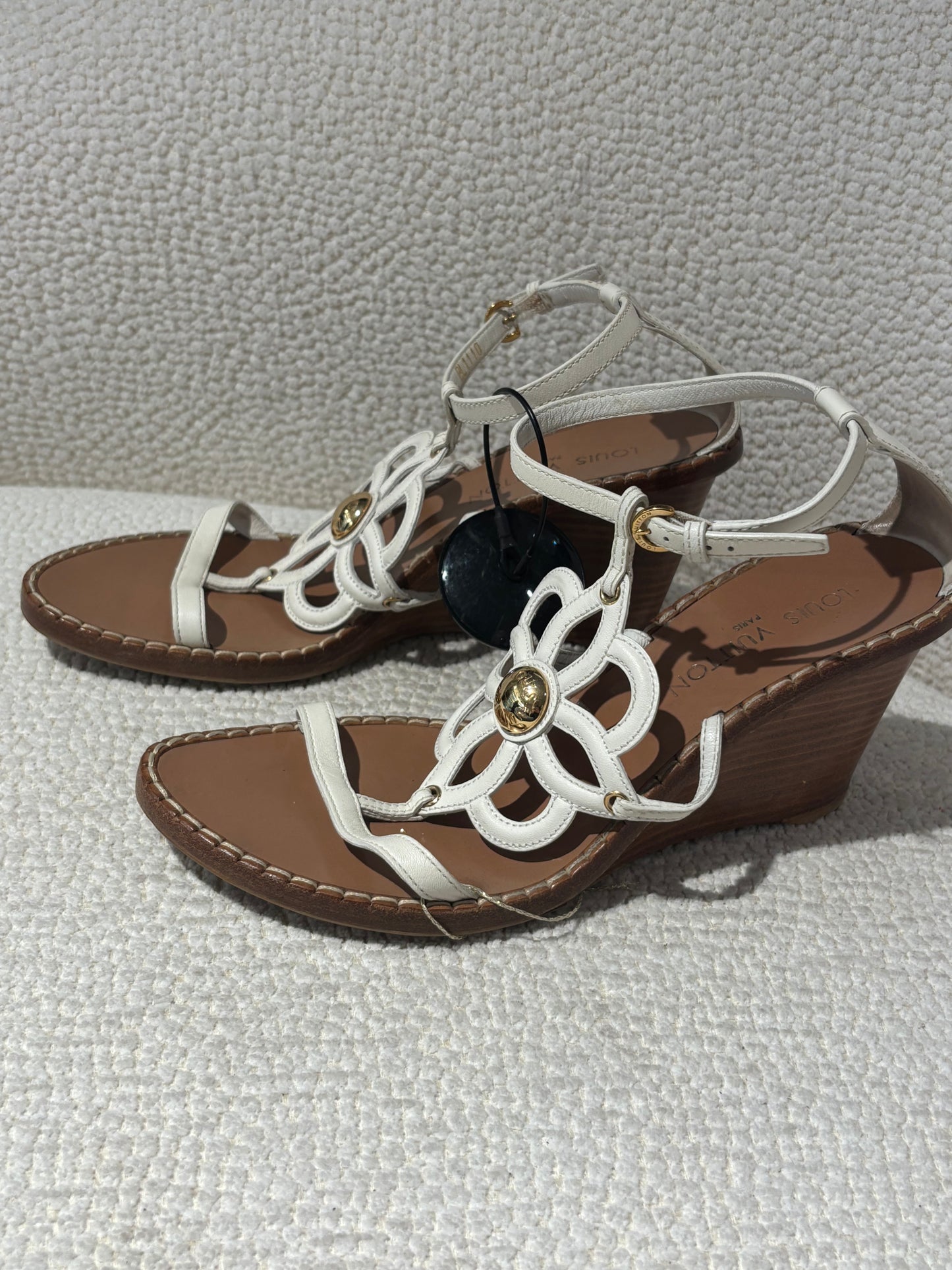 Louis Vuitton Wedge Sandals – White Leather with Flower Detail