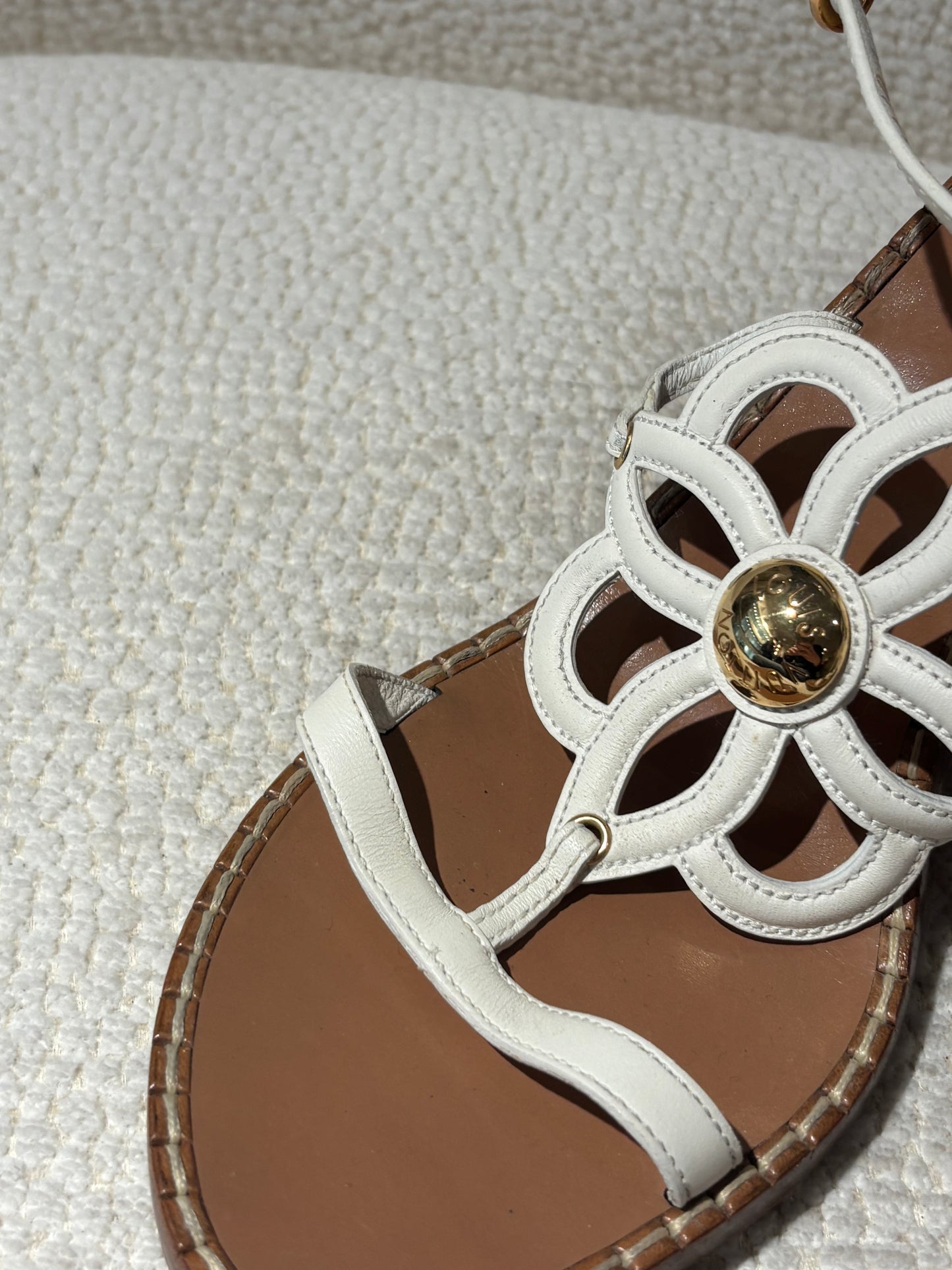 Louis Vuitton Wedge Sandals – White Leather with Flower Detail