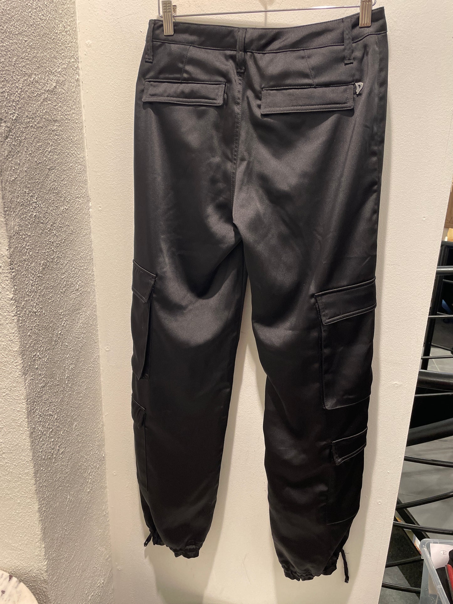 Dondup Satin Cargo Trousers with Adjustable Drawstring Hem – Black – Size W27