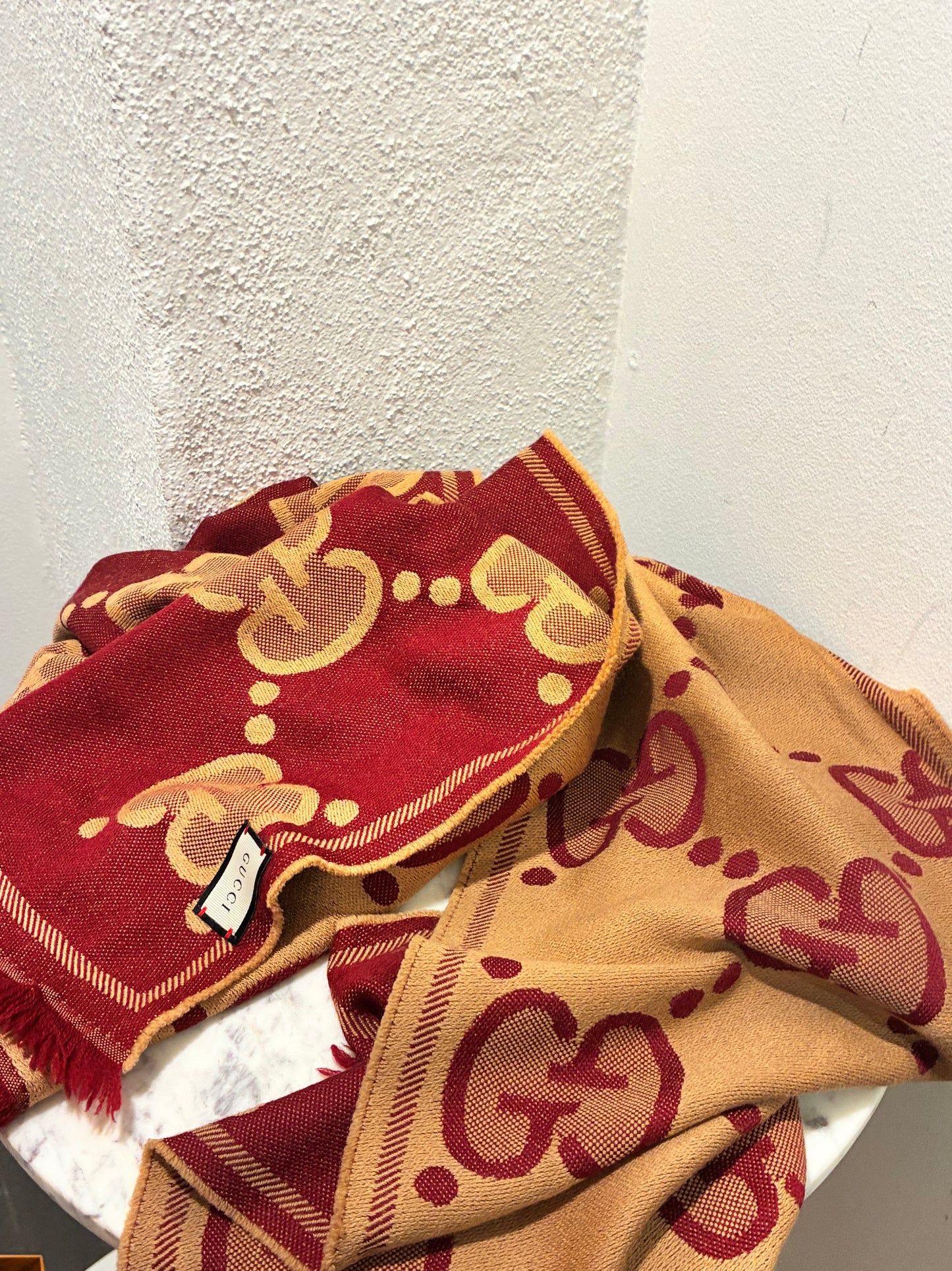 Gucci Monogram Scarf - Cashmere - Camel & Burgundy