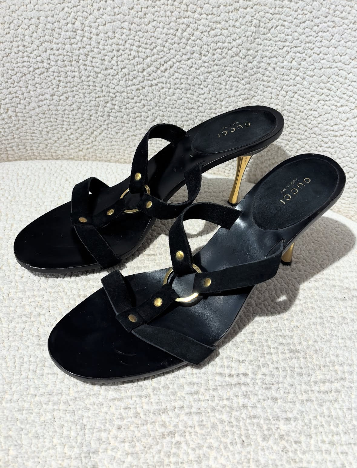 Gucci Heeled Sandals – Black Suede with Gold Metal Heel & Ring – EU 39.5